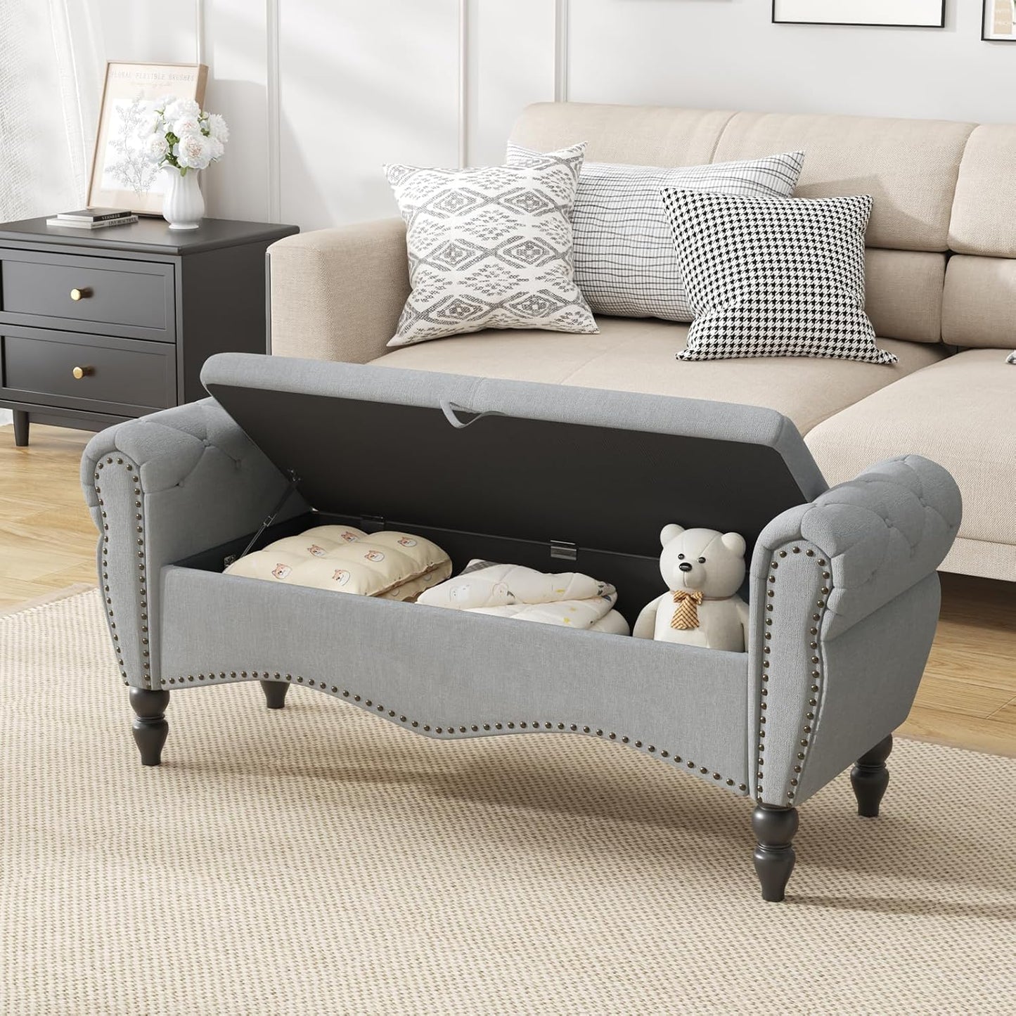 Furniliving Modern Storage Ottoman Bench, Sherpa Ottoman End of Bed Bench with Solid Wood Legs Upholstered Ottoman Benches with Storage Indoor Bench