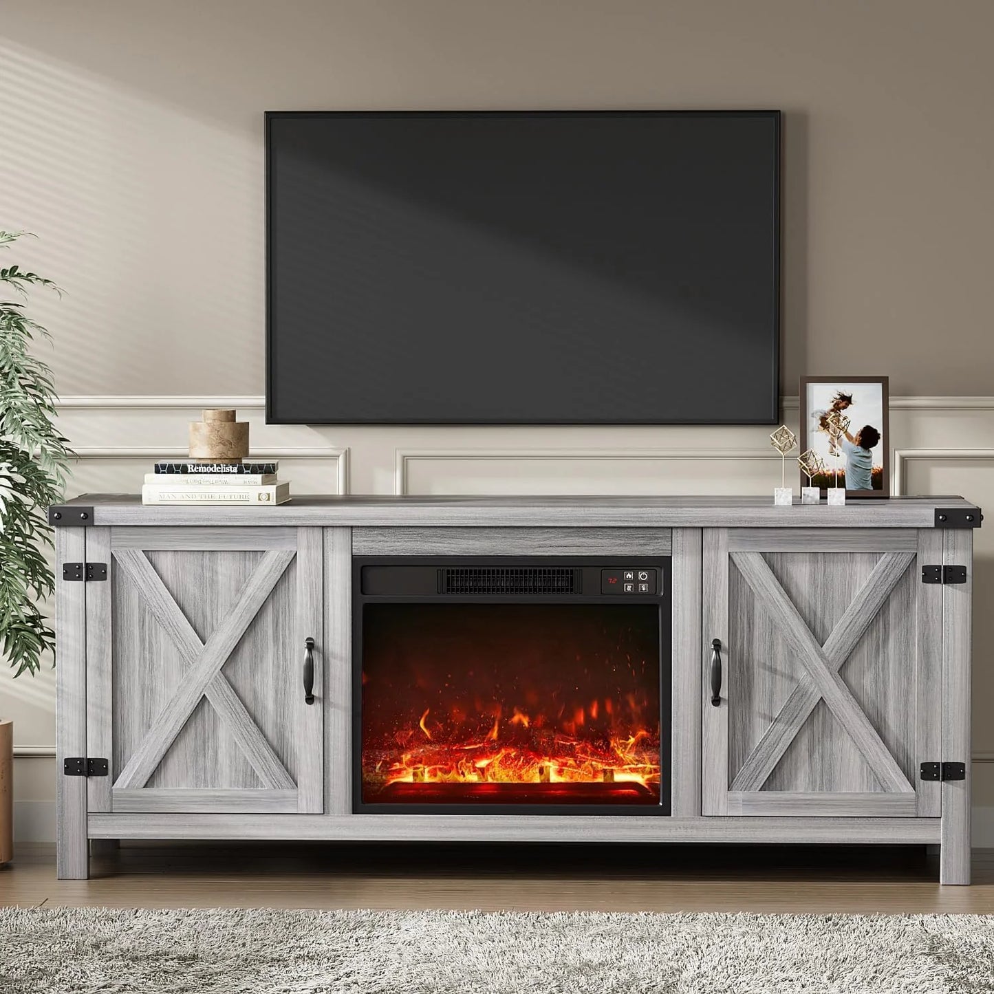 YESHOMY Fireplace TV Stand with Two Barn Doors and Storage Cabinets for Televisions up to 65+ Inch, Entertainment Center Console Table, Media Furniture for Living Room, 58 Inch