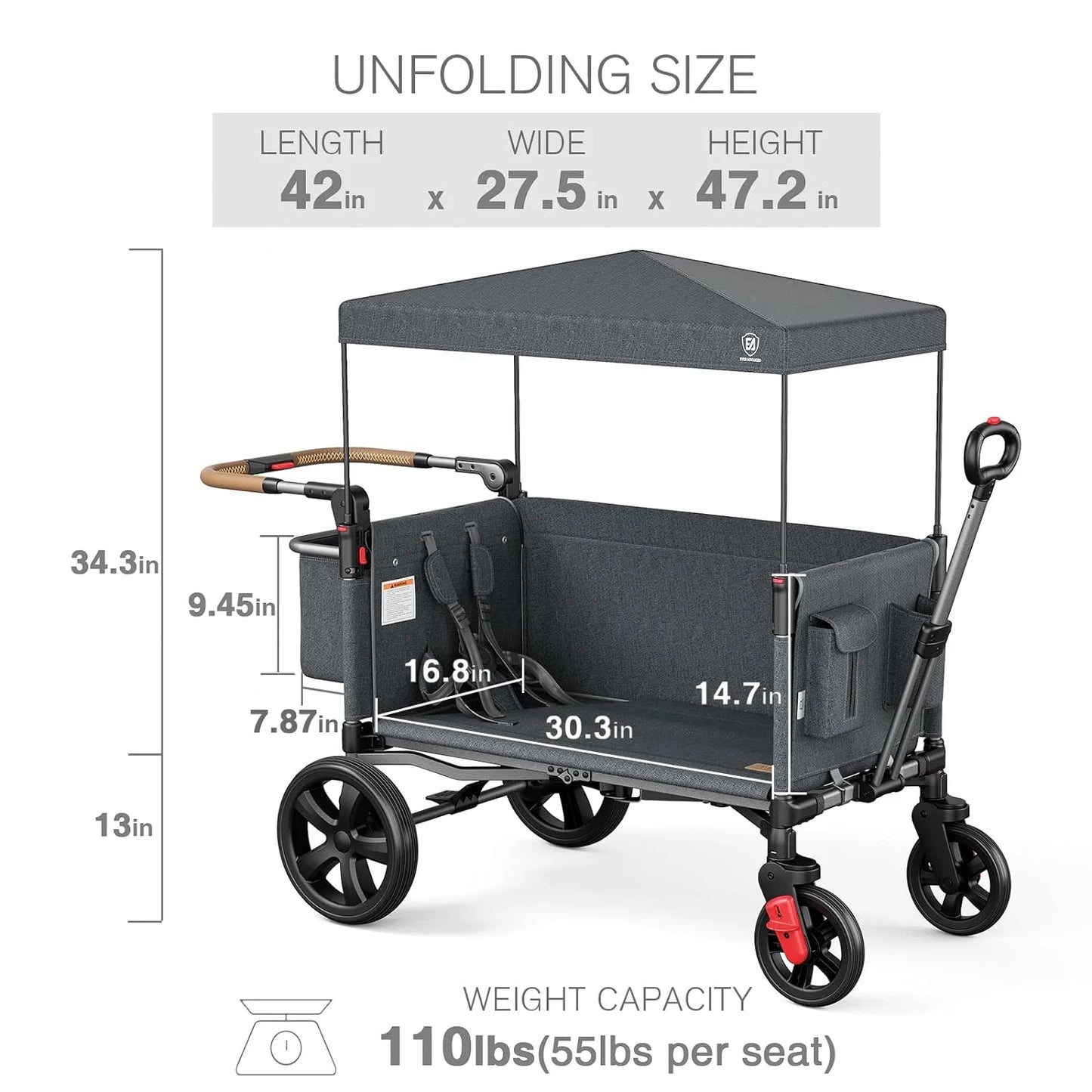 EVER ADVANCED Side-unzip Wagon Stroller for 2 Kids, Push Pull Stroller with Adjustable Handle, Easy Access Front Zipper Door, 5-Point Harness Removable UV-Protection Canopy Shock-Absorbing Wheels,Grey