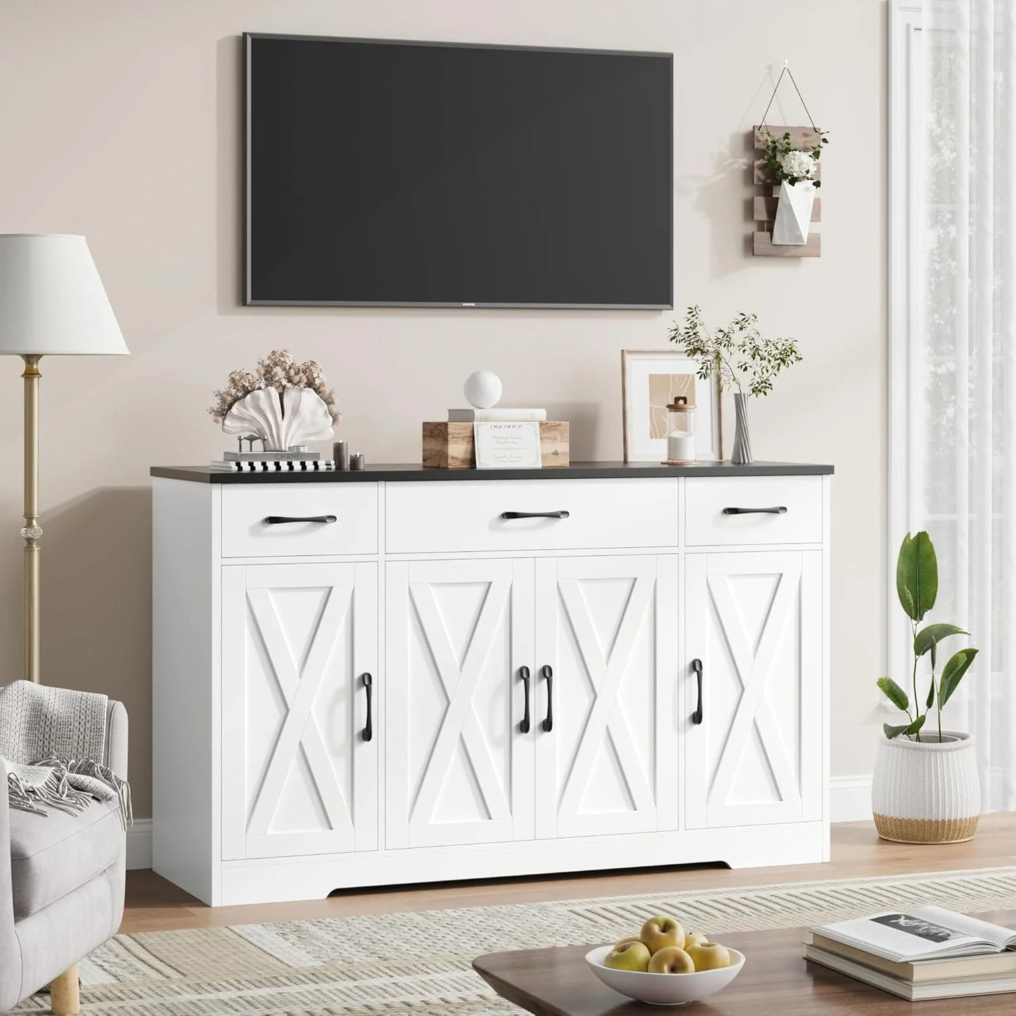 Sideboard with drawers, large 55-inch sideboard, sideboard storage with shelves and doors, modern farmhouse coffee bar wood kitchen dining table