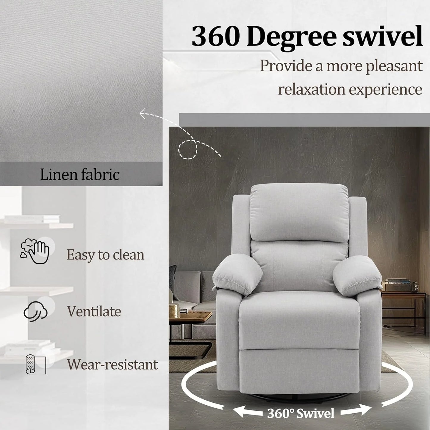 Reclining rocking chair 360 degree rotating fabric sliding reclining chair