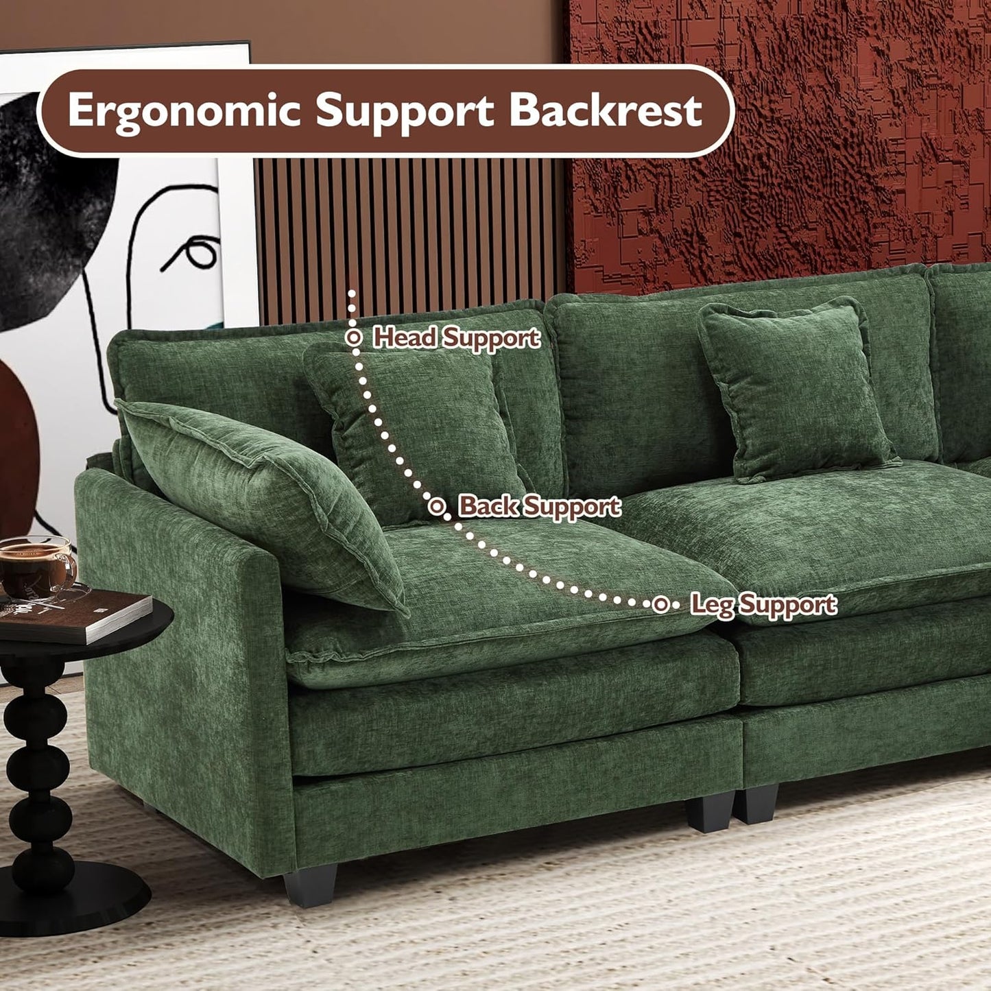 111.4 Inch L-Shaped Modern Sofa Modular Cloud Sofa with Ottoman, 4-Seater Chenille Deep Seat Sofa with Pillows for Living Room, Bedroom and Apartment, Beige