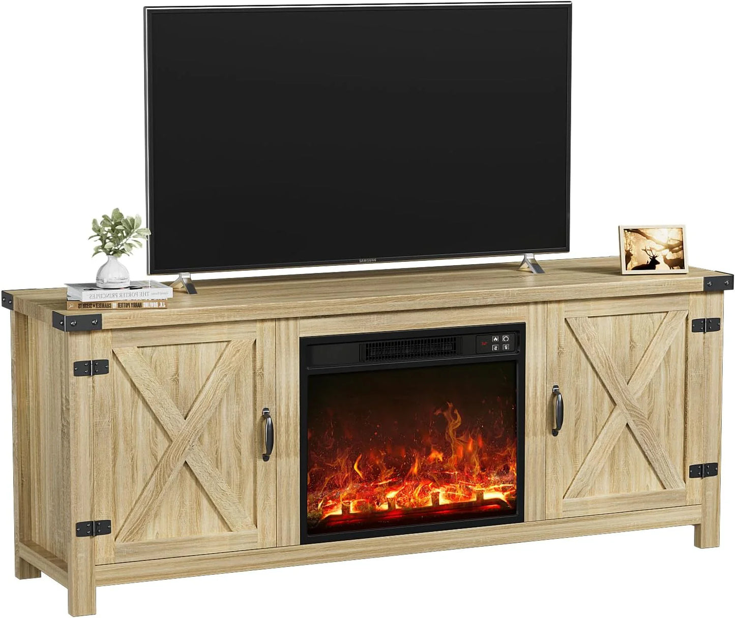 YESHOMY Fireplace TV Stand with Two Barn Doors and Storage Cabinets for Televisions up to 65+ Inch, Entertainment Center Console Table, Media Furniture for Living Room, 58 Inch
