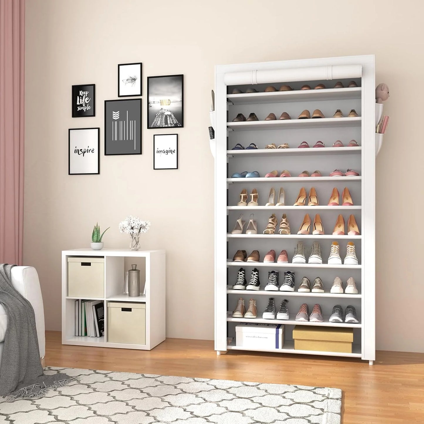 ROJASOP 10 Tier Shoe Rack with Covers,Large Capacity Stackable Tall Shoe Shelf Storage to 50-55 Pairs Shoes and Boots Sturdy Metal Free Standing Shoe Rack Organizer for Closet Entryway Garage