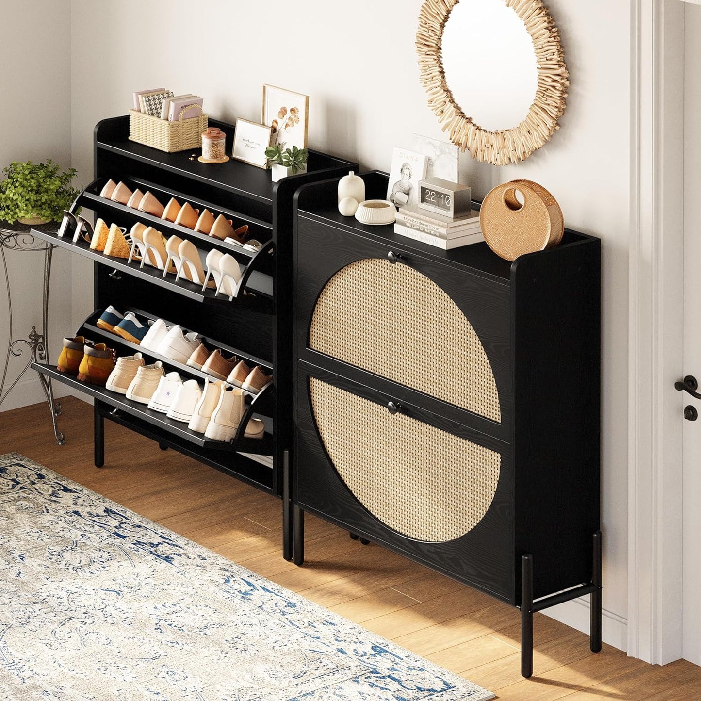 IRONCK Shoe Cabinet Storage with 2 Flip Drawers, Free Standing Wooden Shoe Storage Organizer Cabinet with Rattan Doors for Entryway, Narrow Shoe Rack Cabinet, Oak