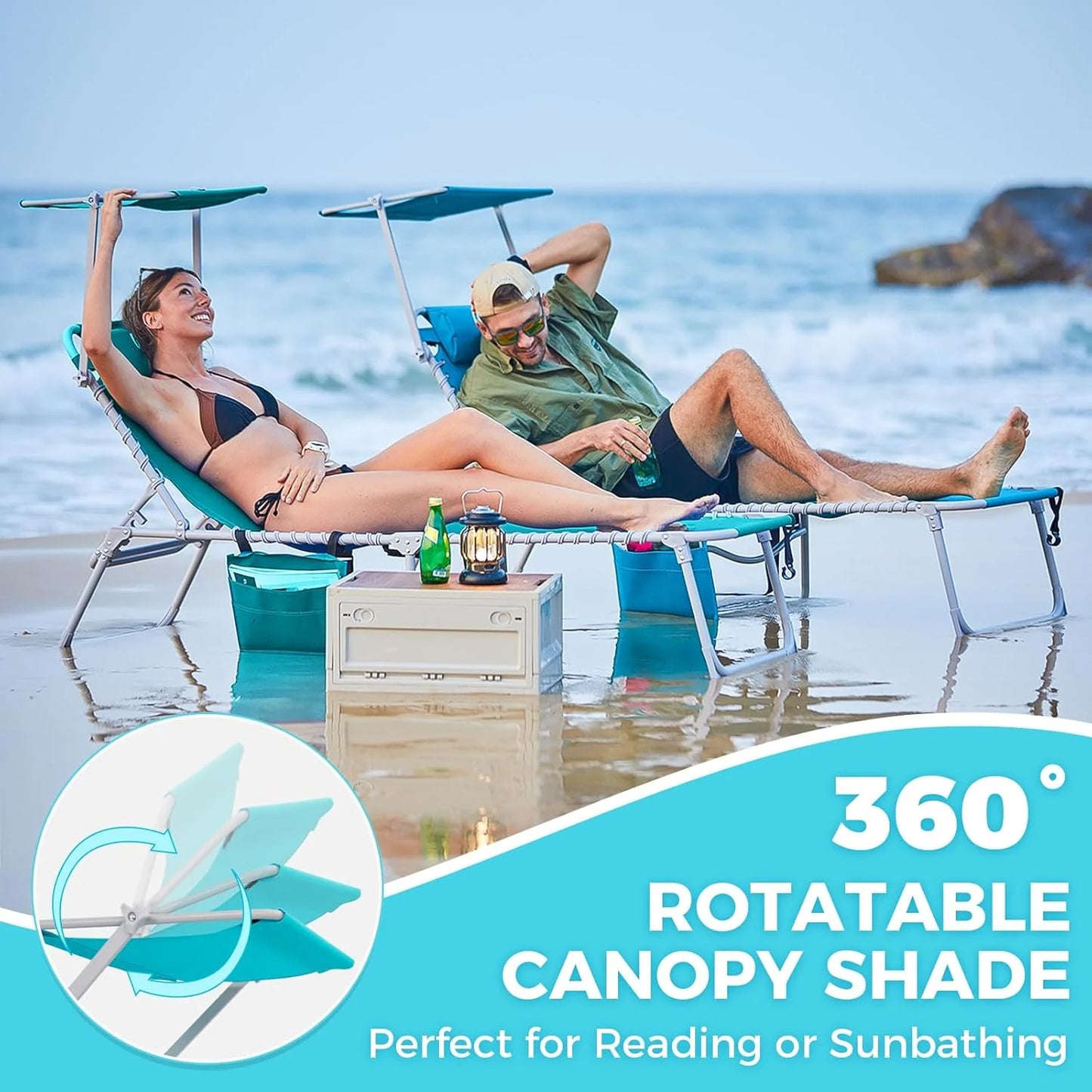 2 Pack Outdoor Chaise Lounge Chair - Portable Folding Patio Pool Lounge Chair, 5 Positions Adjustable Reclining Camping Chair with Side Table,Shoulder Strap, Pillow for Beach Sunbathing Lawn