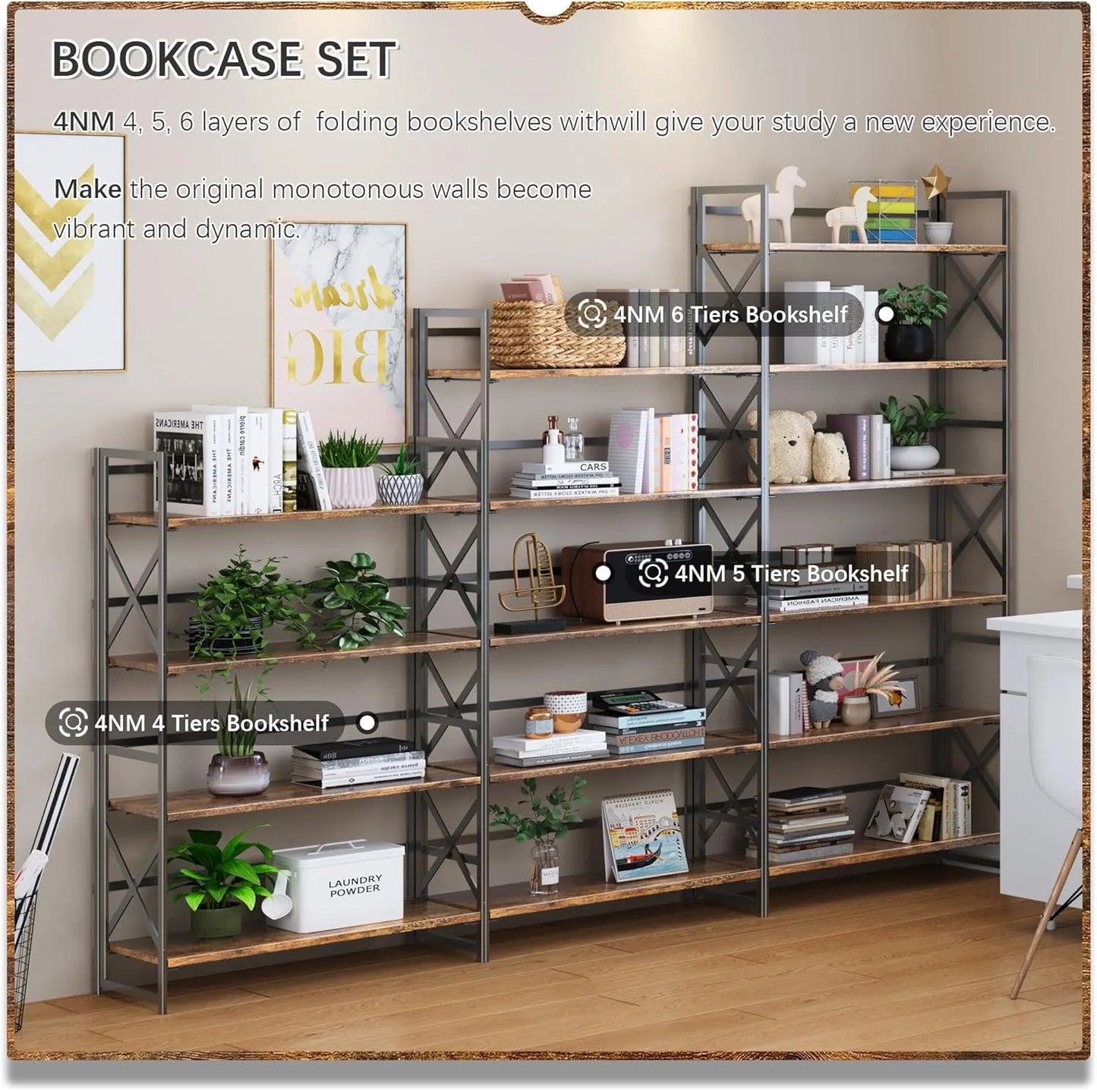 5 Tiers No Assembly Book Shelves 51.2" H Folding Bookshelf Bookcase