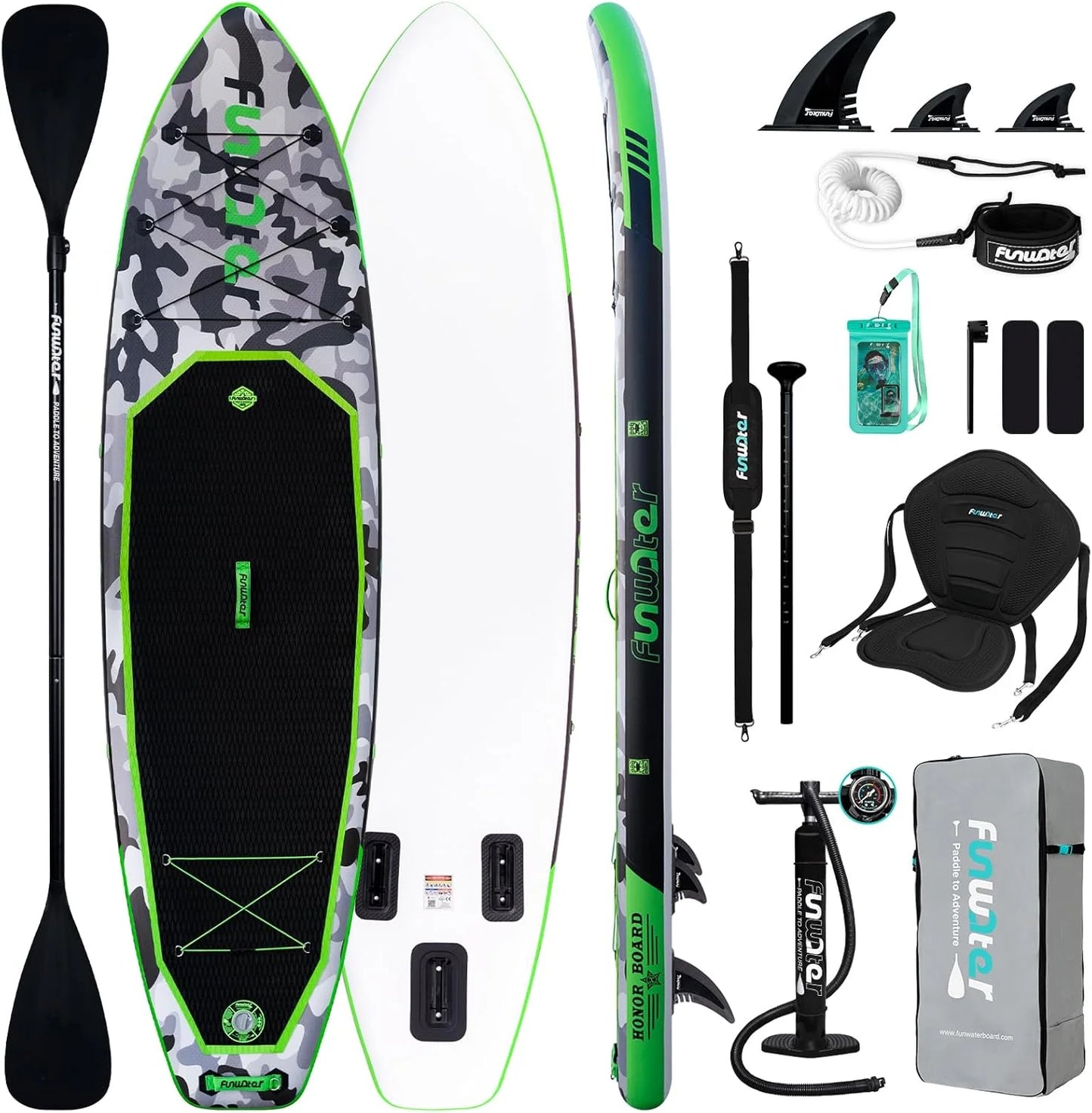 FunWater Inflatable Stand Up Paddle Board with Premium SUP Paddle Accessories, Non-Slip EVA Deck, 11'/10'6' Paddle