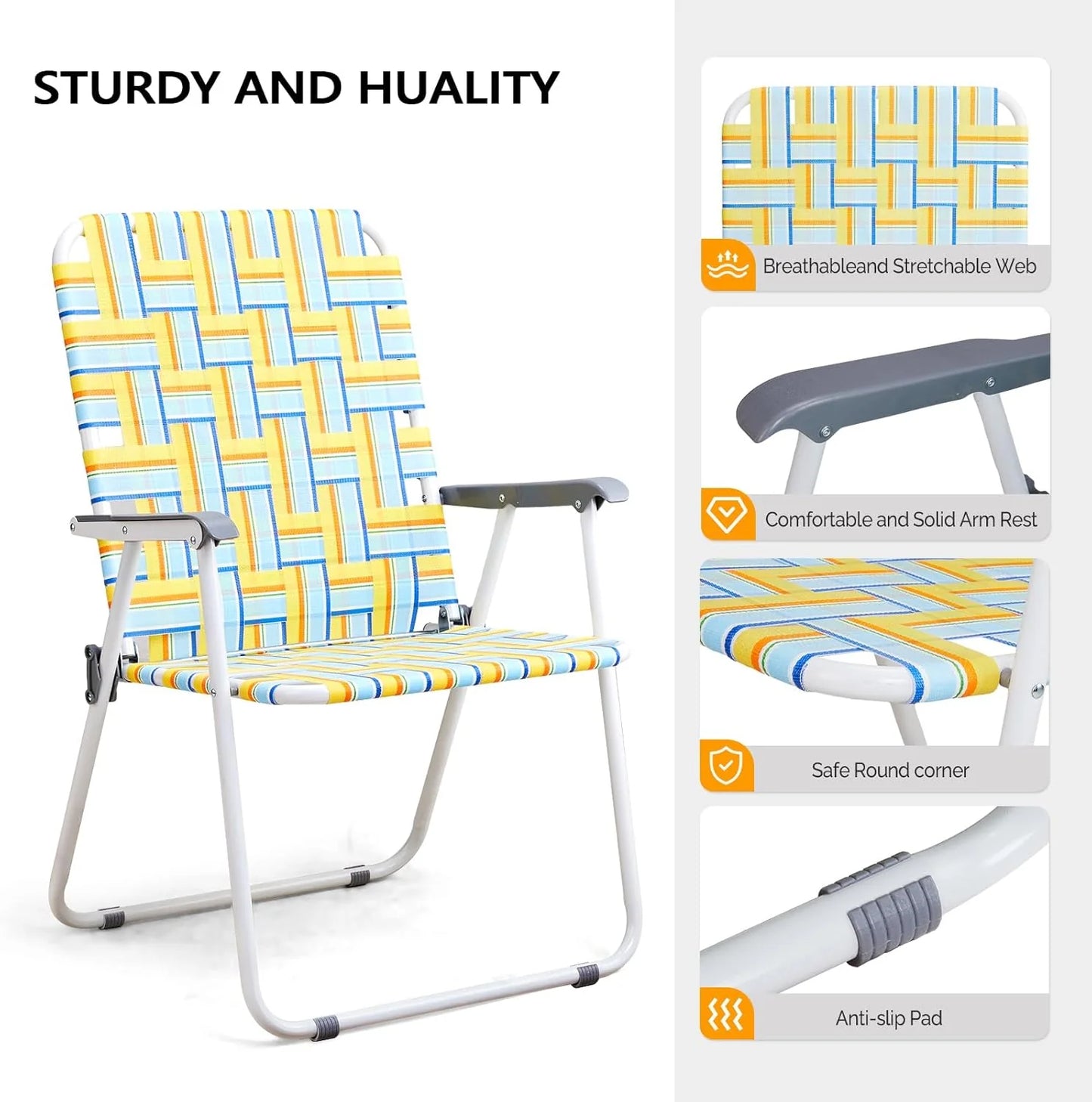 VINGLI Patio Lawn Webbed Folding Chairs Set of 2, Outdoor Beach Portable Lawn Chair Camping Chair Beach Chair