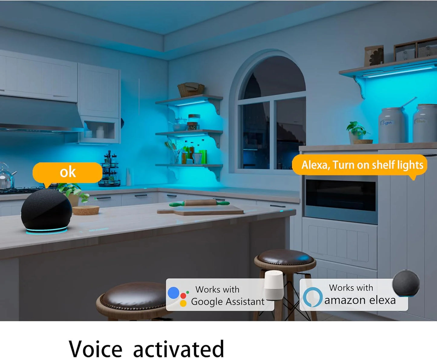 Smart under-cabinet lighting strip, white and color-changing dimmable