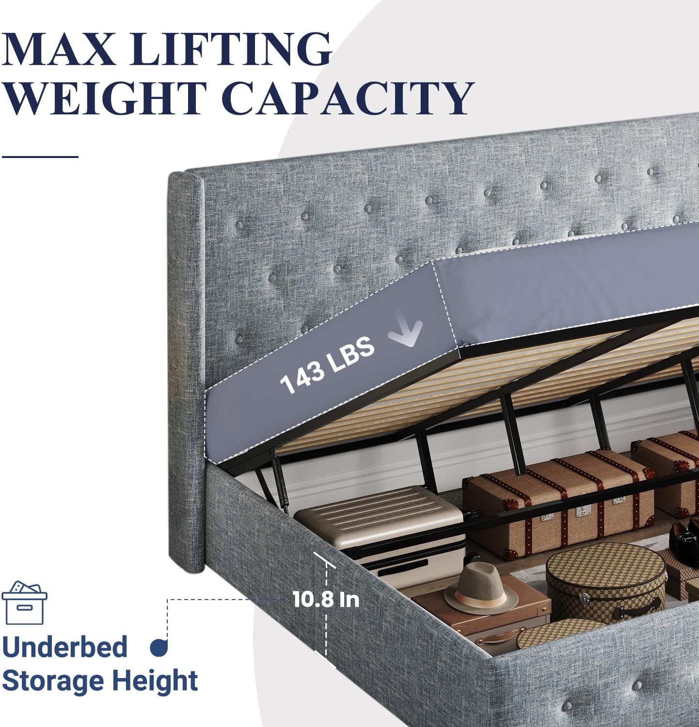 Allewie Queen Size Lift Up Storage Bed, Modern Wingback Headboard, Hydraulic Support, No Box Spring Needed, Light Beige