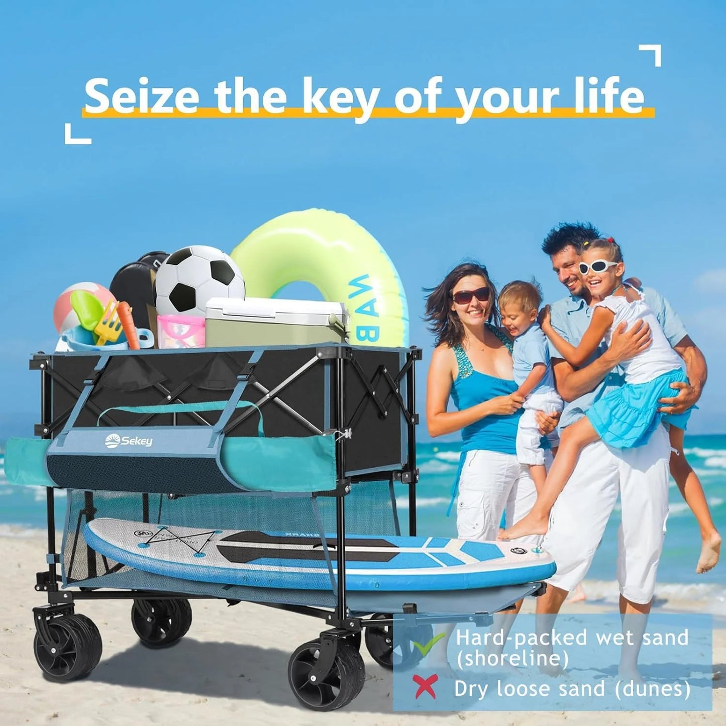 400L Large Capacity Folding Double Decker Wagon with Brakes, 50" Extra Long Extender Cart, 500lbs Heavy Duty Collapsible Wagons