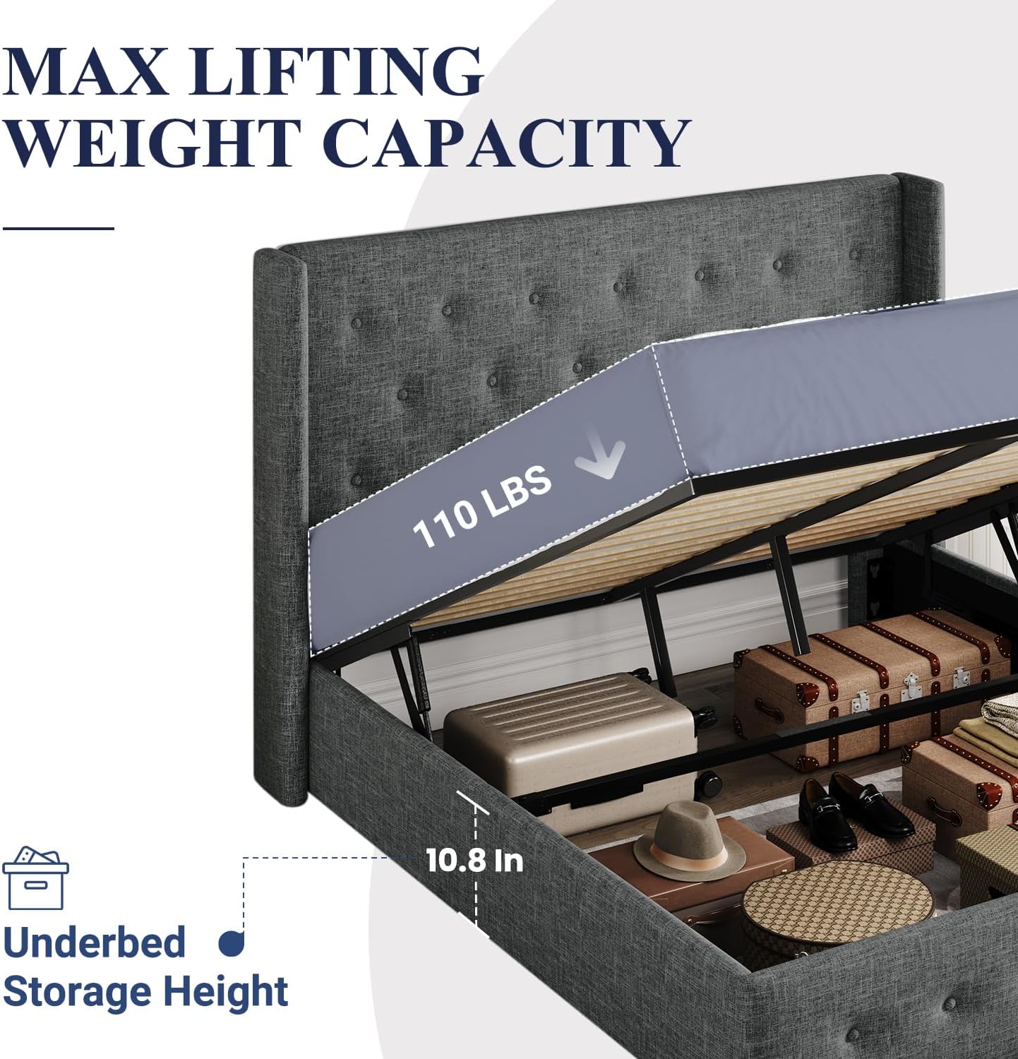 Allewie Queen Size Lift Up Storage Bed, Modern Wingback Headboard, Hydraulic Support, No Box Spring Needed, Light Beige