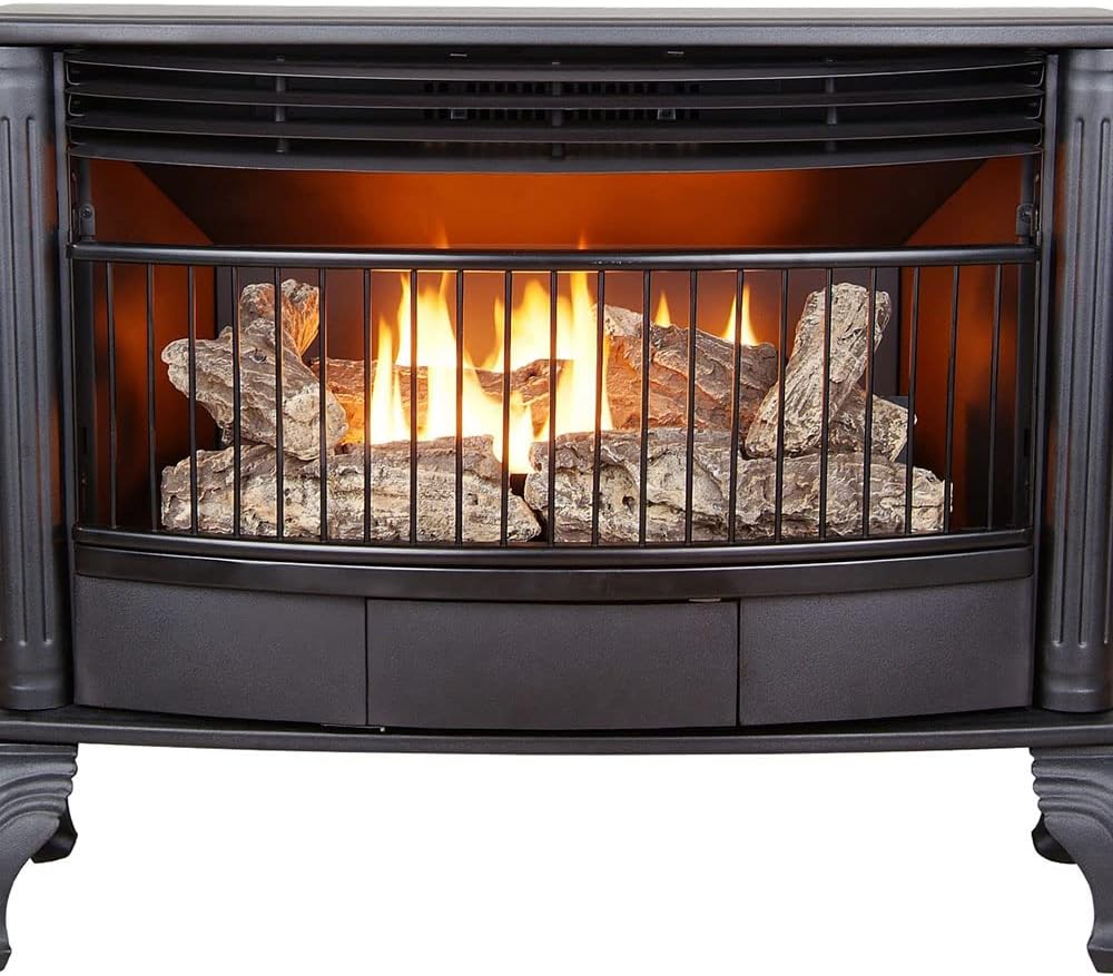 Vent-free 25,000 BTU space-saving freestanding dual-fuel fireplace with built-in thermostat control