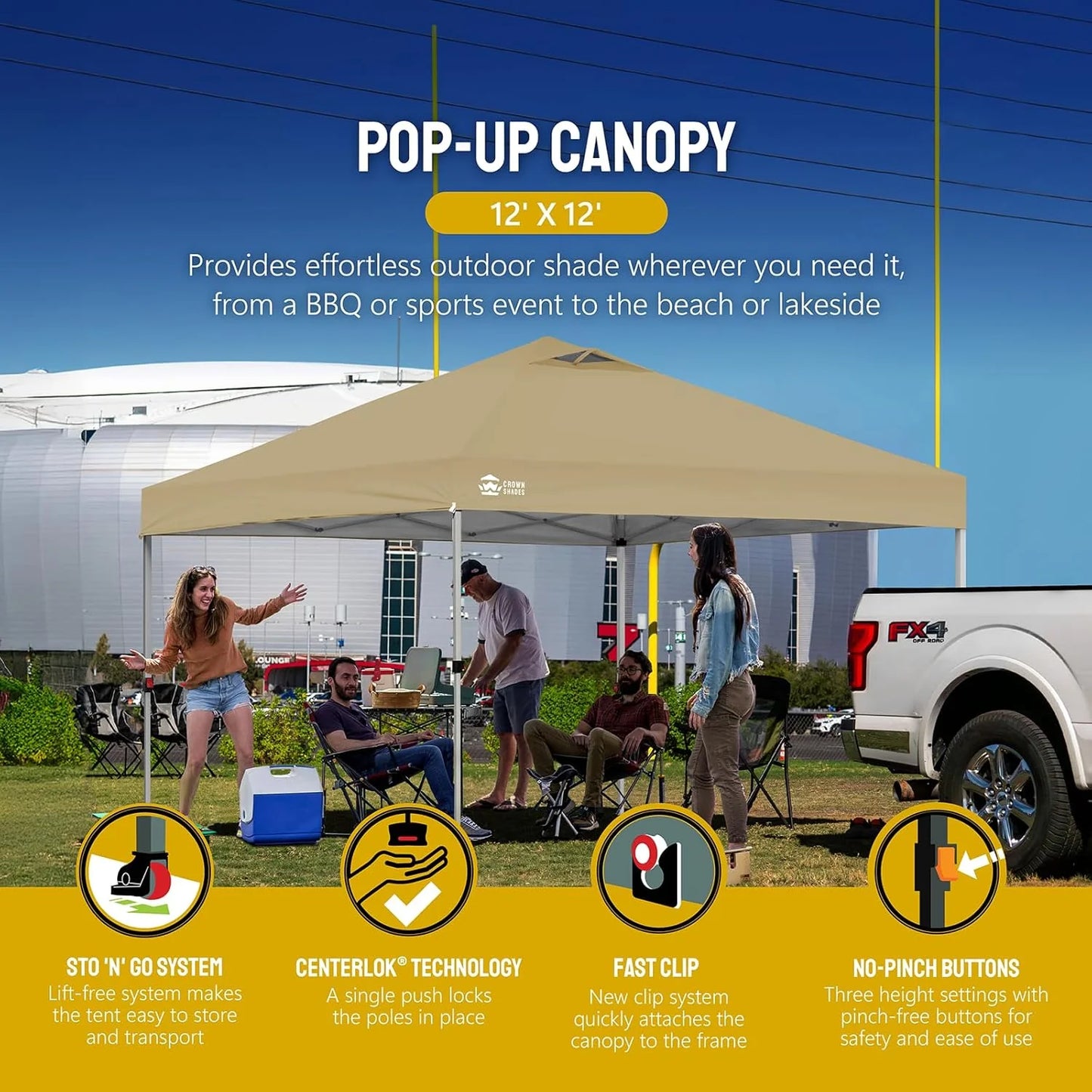10x10 Pop-Up Awning - One-Click Installation Beach Tent - Outdoor Sunshade Silver Coated Top, 3 Heights and 4 Sand Pockets