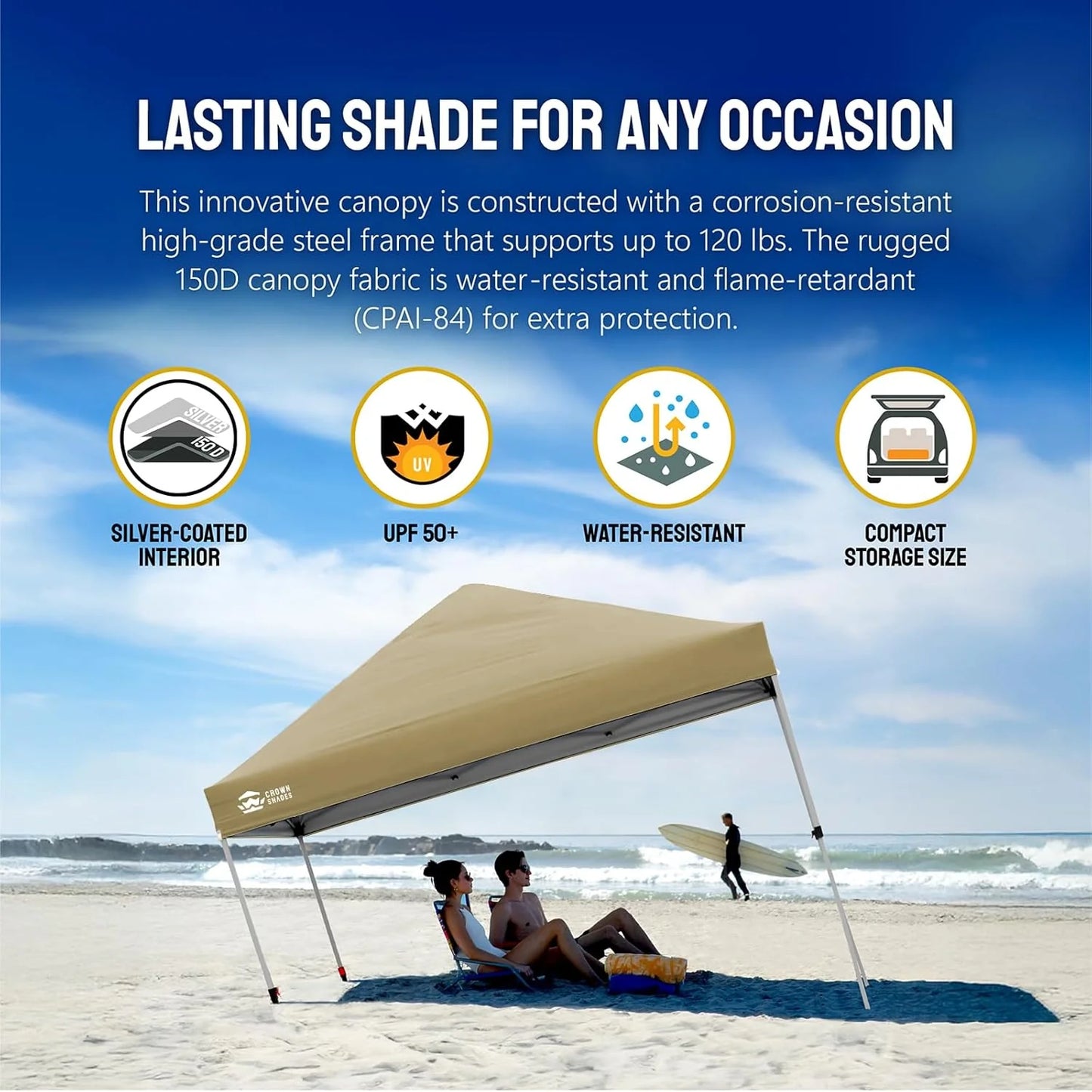 10x10 Pop-Up Awning - One-Click Installation Beach Tent - Outdoor Sunshade Silver Coated Top, 3 Heights and 4 Sand Pockets