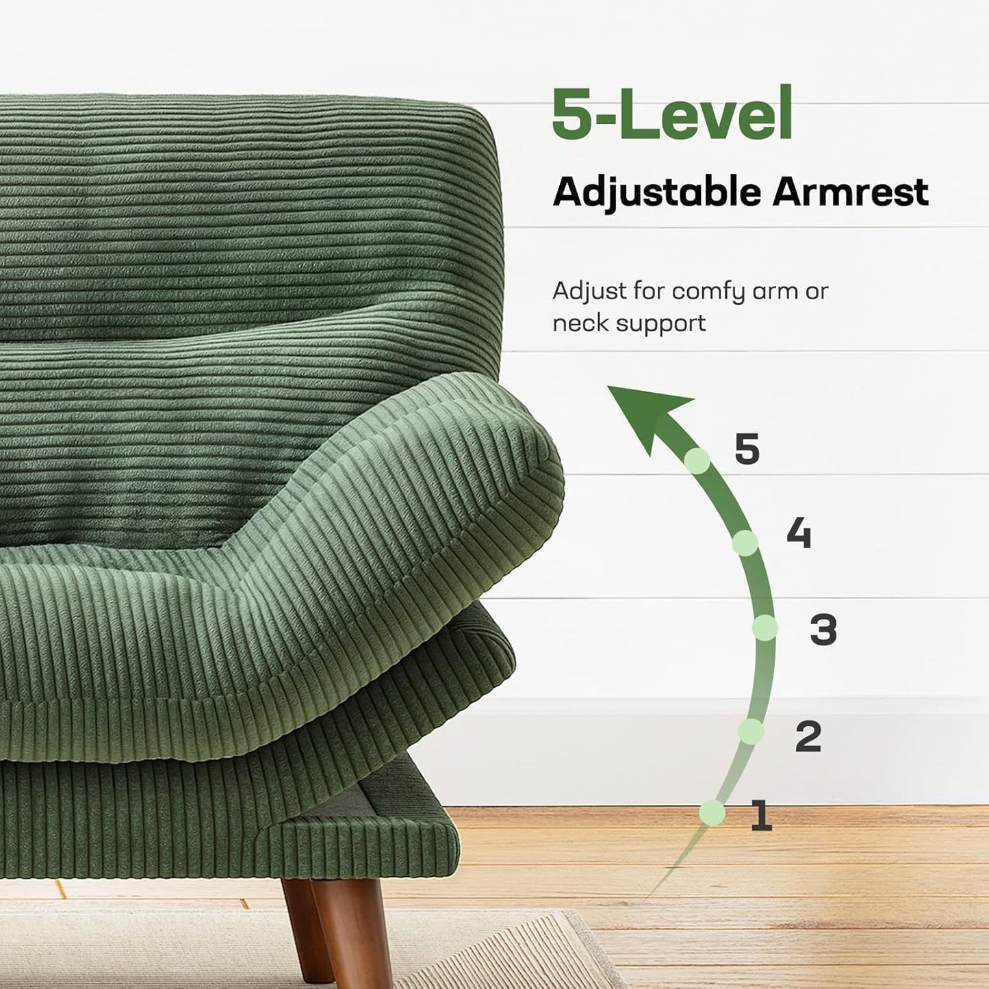 Futon Sofa Bed, Futon Sofa with Adjustable Back and Armrests, Converts to Small Sleeper Sofa Bed Corduroy Loveseat Green