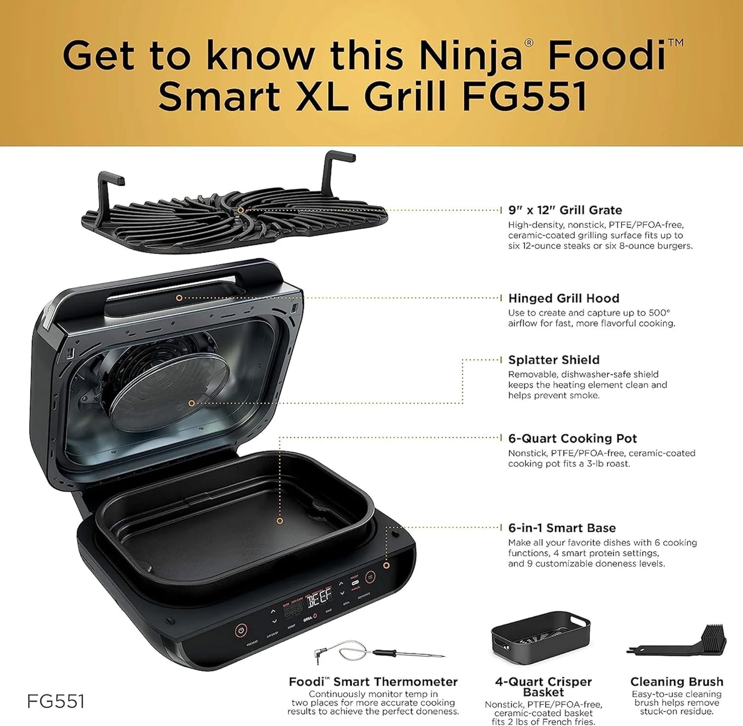 Ninja Foodi Smart XL 6-in-1 Indoor Grill with Air Fry, Bake, Roast, Broil, and Dehydrate, Smart Thermometer