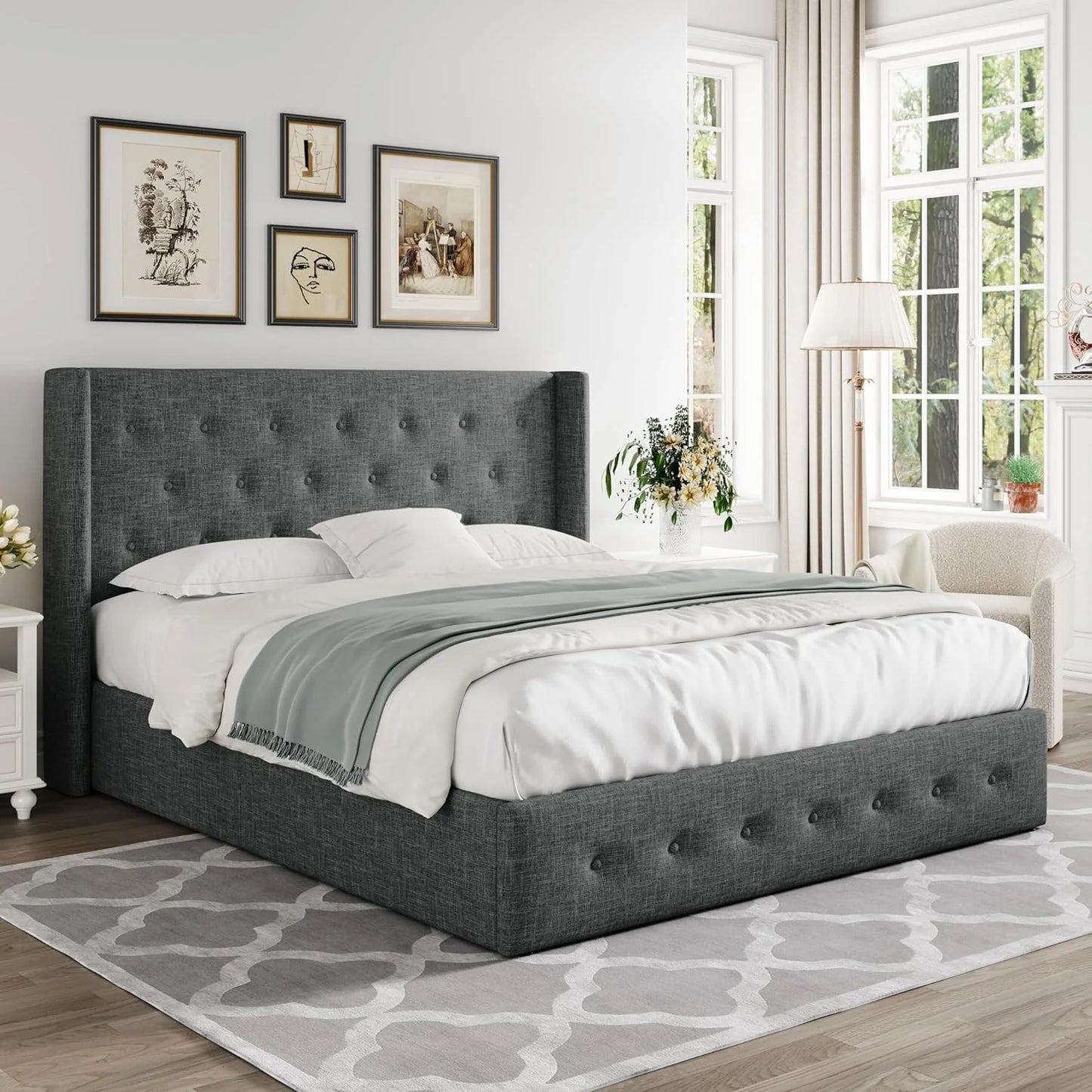 Allewie Queen Size Lift Up Storage Bed, Modern Wingback Headboard, Hydraulic Support, No Box Spring Needed, Light Beige