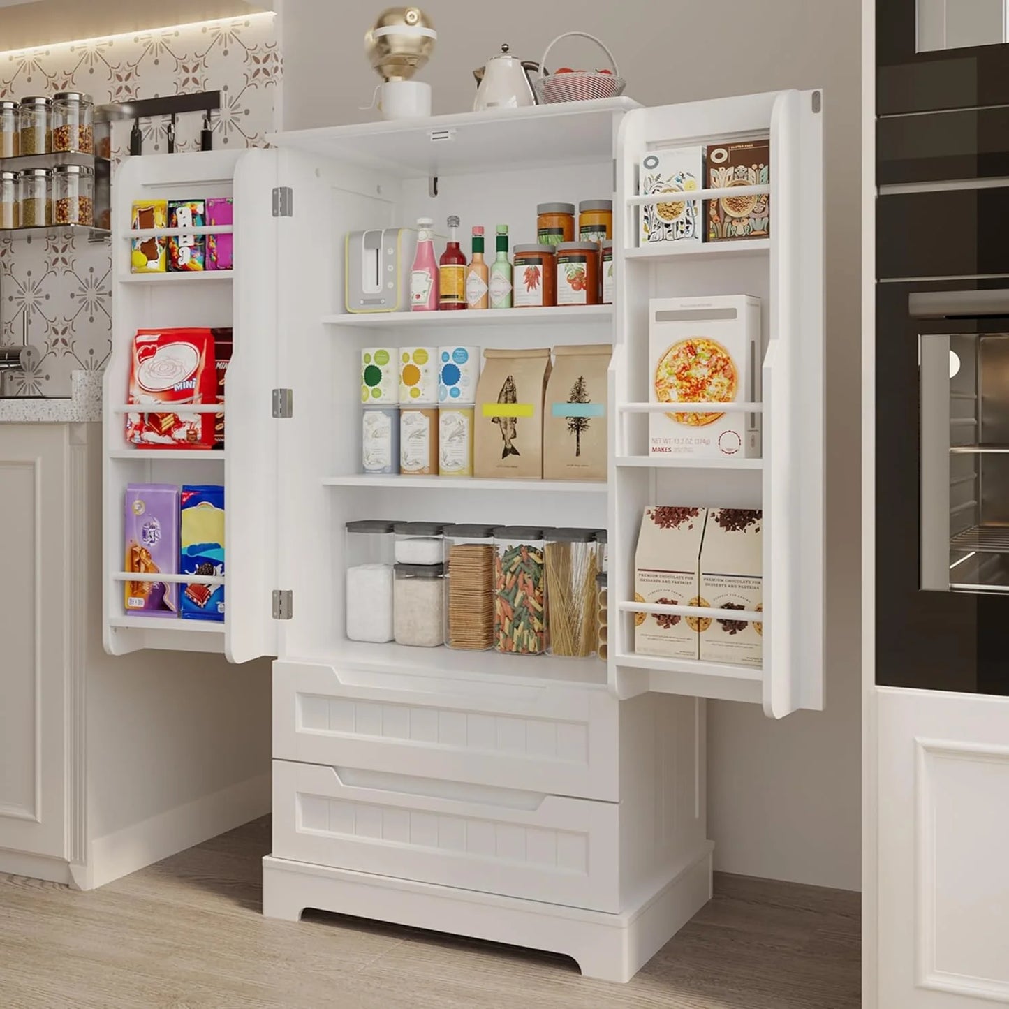 Gizoon Kitchen Pantry Cabinet with Drawers Freestanding Bathroom Storage Cabinet with Doors and Shelves, 47 Inch Small Pantry Cabinet