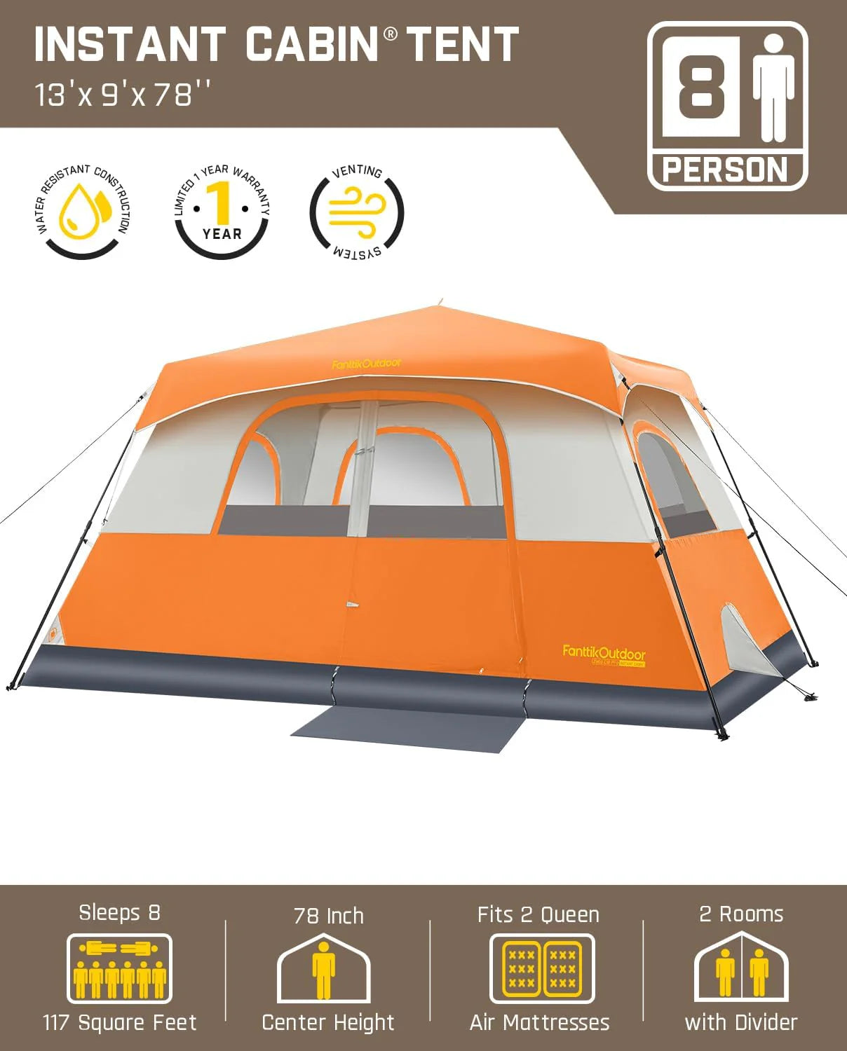 Portable camping tent for 4/6/8/10 people with instant cabin and rainproof and windproof