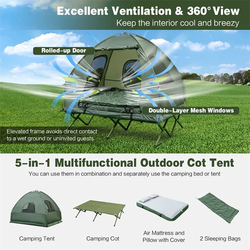5-in-1 Tent Cot 2-Person Portable Outdoor Camping Tent Combo with Air Mattress Sleeping Bag & Sunshade