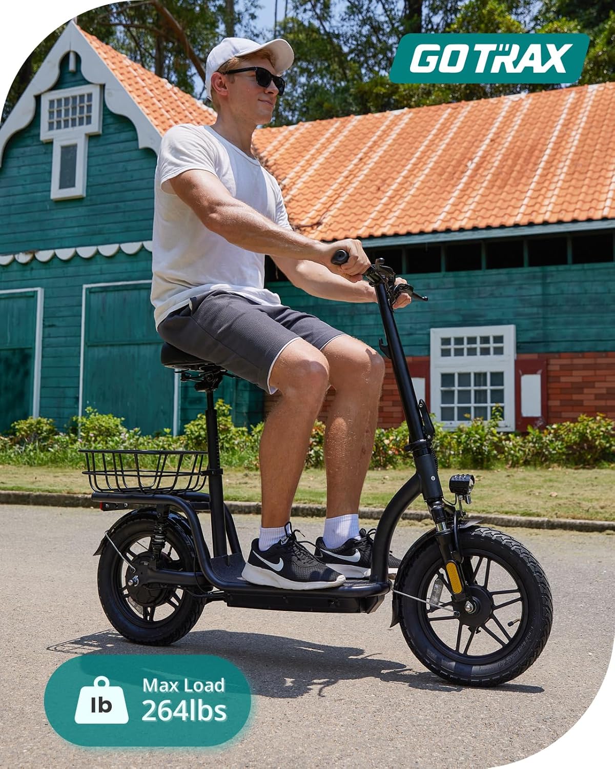 Gotrax adult electric scooter with seat, maximum range of 19-25 miles, all-terrain tires, wide pedals, padded seat, and carrycot