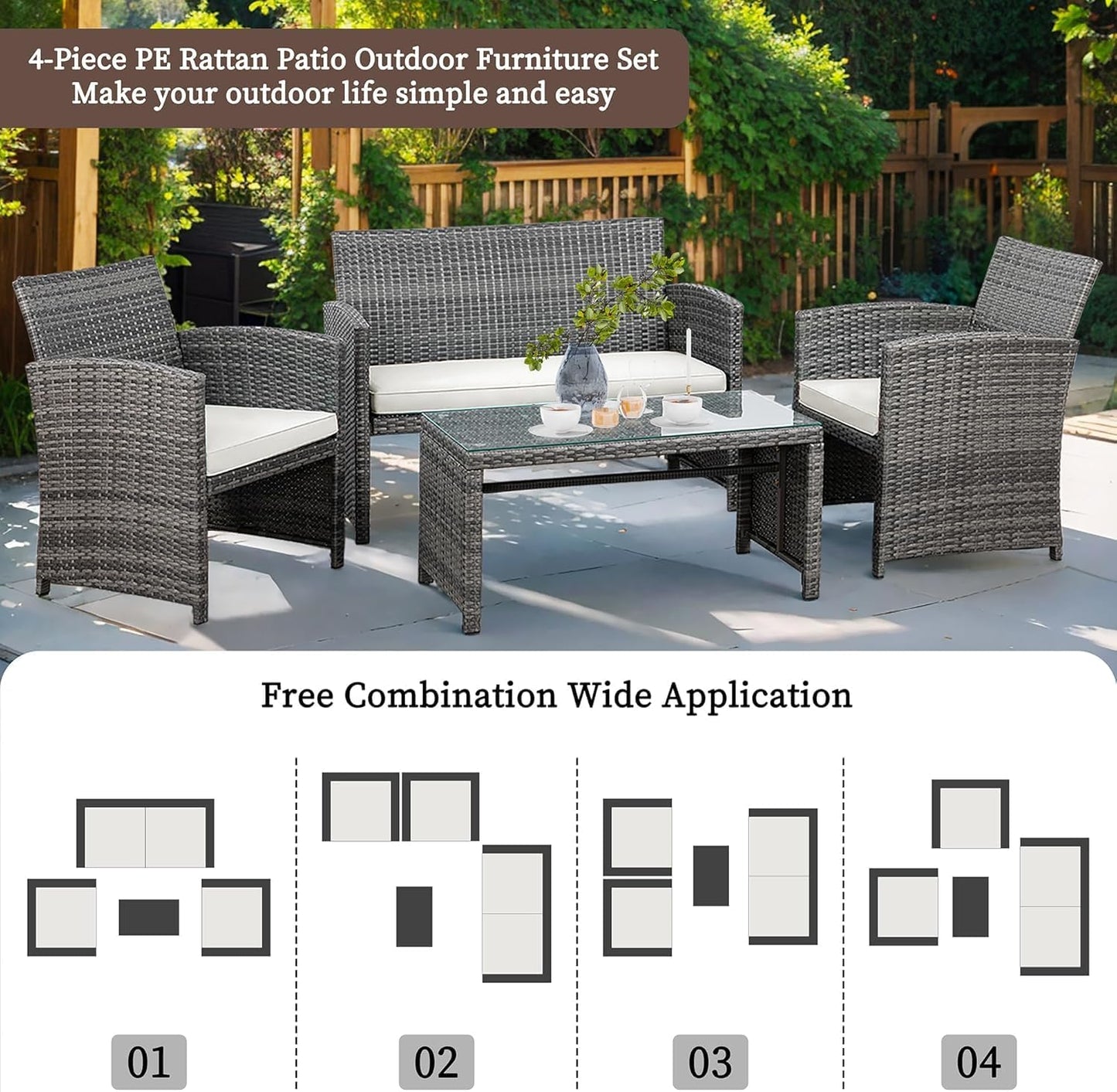 Shintenchi 4 Piece Patio Ratten Set Outdoor Furniture Set Wicker Conversation Set