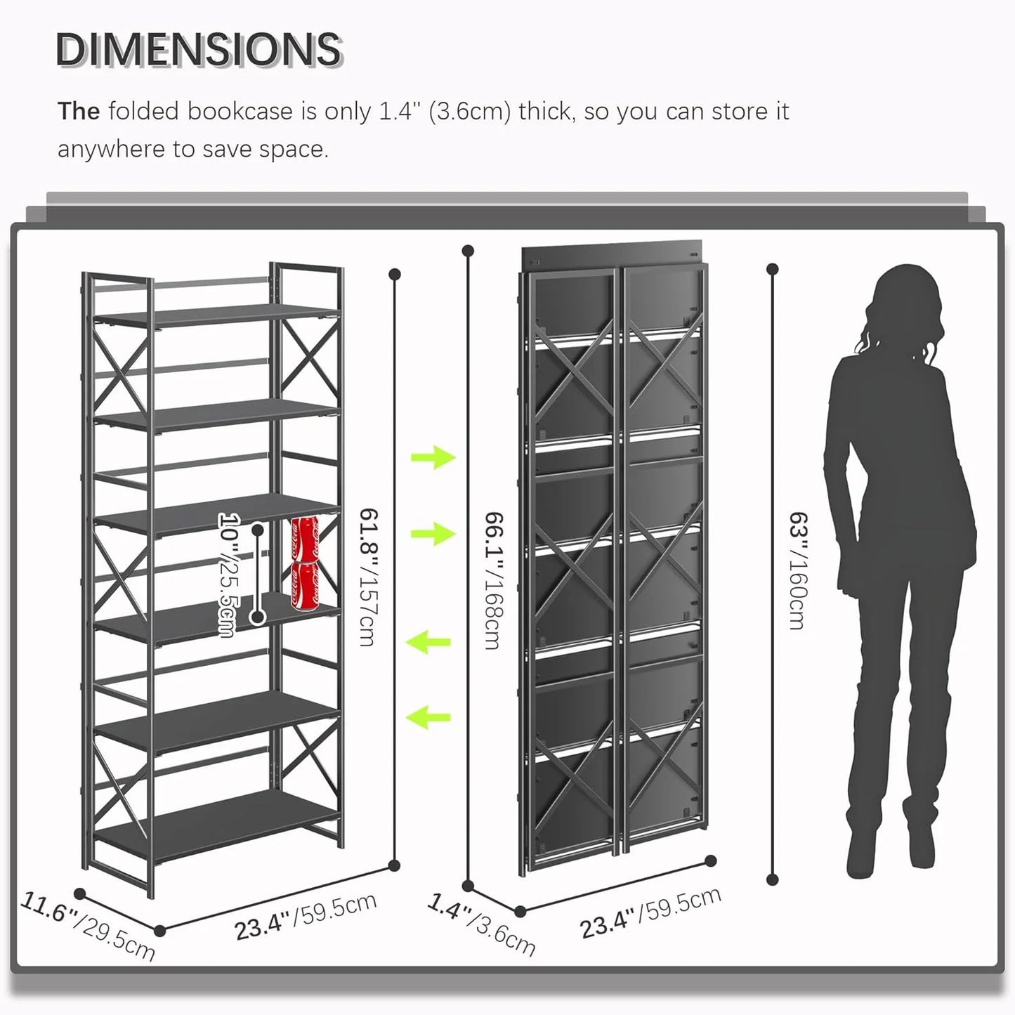 5 Tiers No Assembly Book Shelves 51.2" H Folding Bookshelf Bookcase