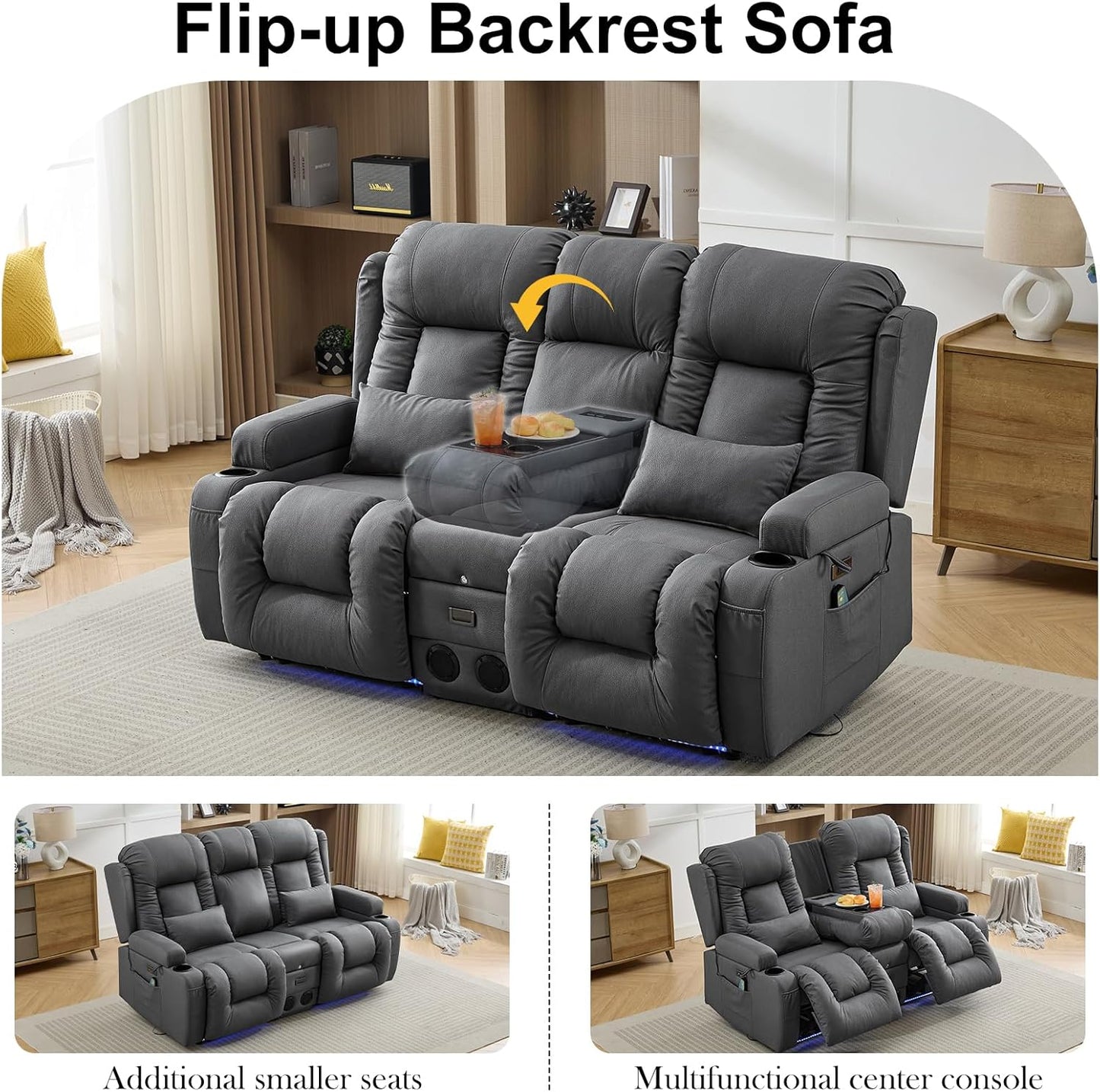 TUNYI Power Loveseat Recliner Sofa with Massage & Heat Home Theater Seating with Console Electric Recliner RV Sofa with USB/Outlet/Storage/Side Pocket/LED Light/Speaker (Brown, Loveseat)