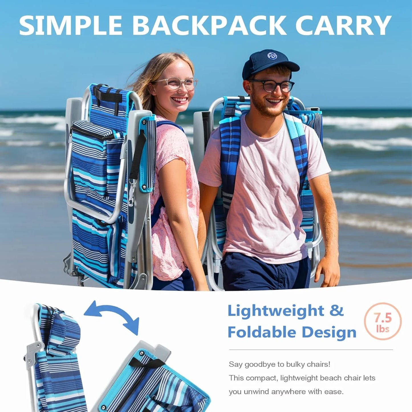 5-Position Aluminum Lay Flat Tall Backpack Beach Chairs 2 Pack Compact Portable Beach Chairs for Adults with Cooler Pouch, Storage Pouch, Towel Bar, Cup Holder & Phone Holder, Blue Stripe