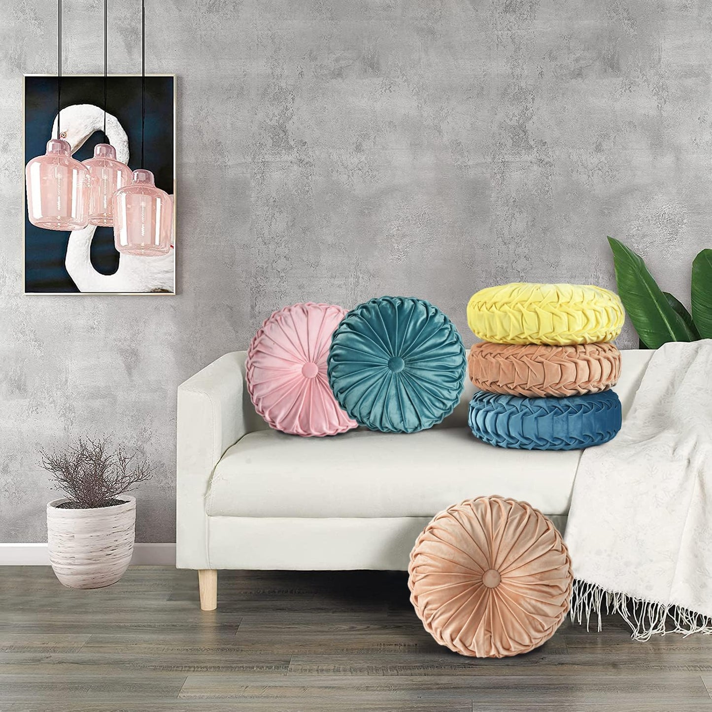 Set of 2 Decorative Round Pleated Throw Pillows