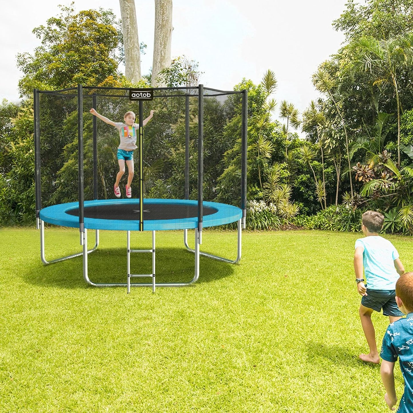 AOTOB 8FT 10FT 12FT 14 FT 15FT Trampoline with Safety Enclosure Net，Outdoor Trampoline with Basketball Hoop, Heavy Duty Jumping Mat and Spring Cover Padding for Kids and Adults, Storage Bag and Ladder