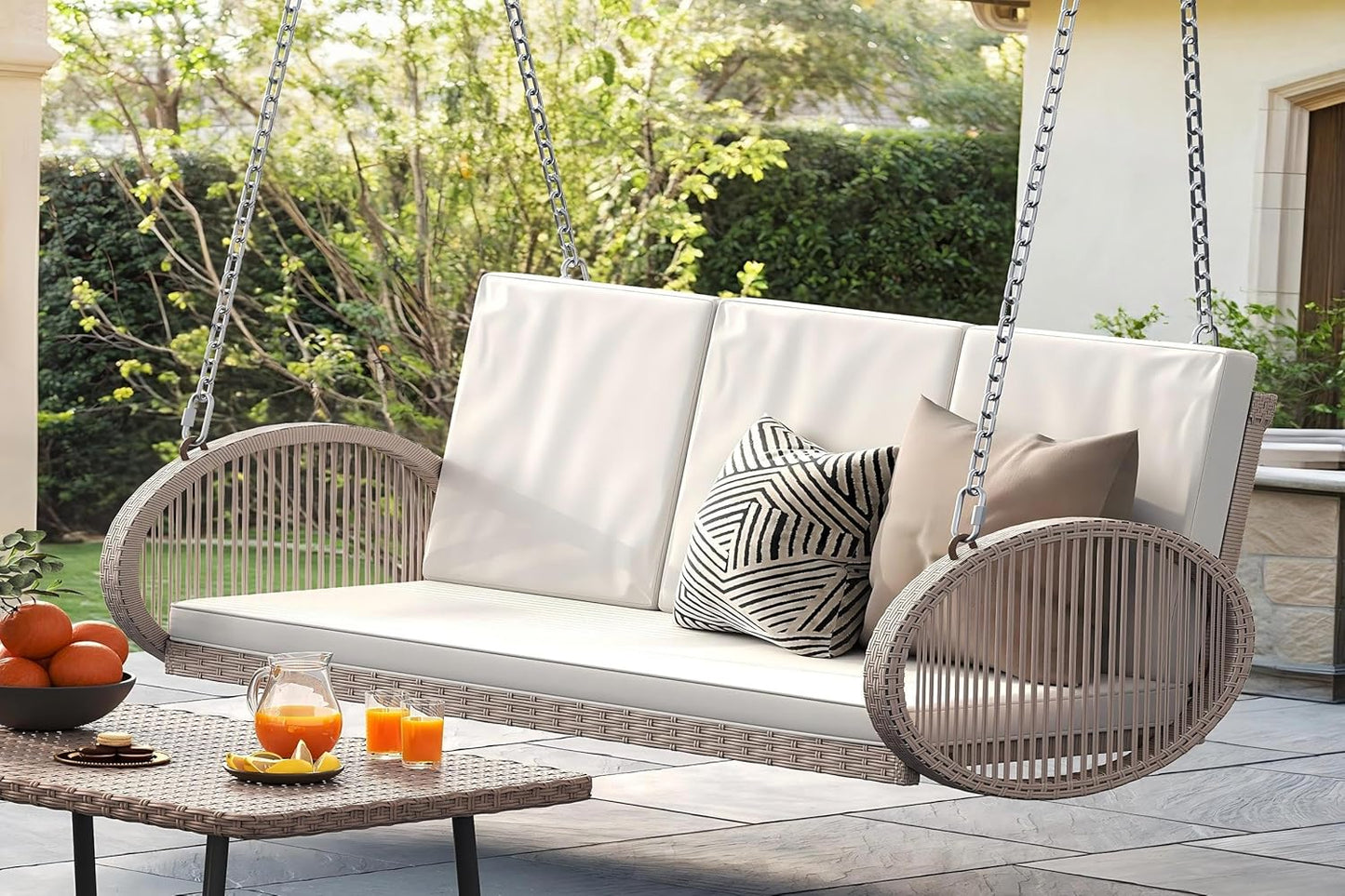 YITAHOME Hanging Porch Swing Chair Sits 3 People, Wicker Outdoor Swing Bench, Patio Lounge Chair, 1 Seating Cushion and 3 Back Cushions, w/Removable Covers, for Garden, Balcony, Backyard, Brown