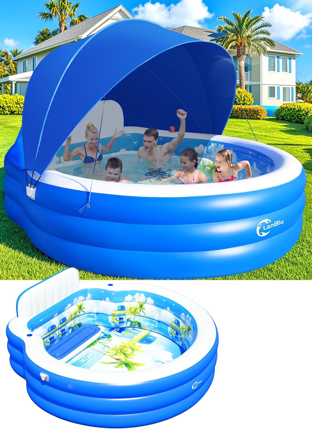 2025 Upgraded Inflatable Pool with Canopy, Inflatable Family Lounge Pool, Round Blow Up Pool for Adult with Bench & Backrest, Swim Center Easy Backyard Pools for Kids & Adults, 92"x92"x26", Blue