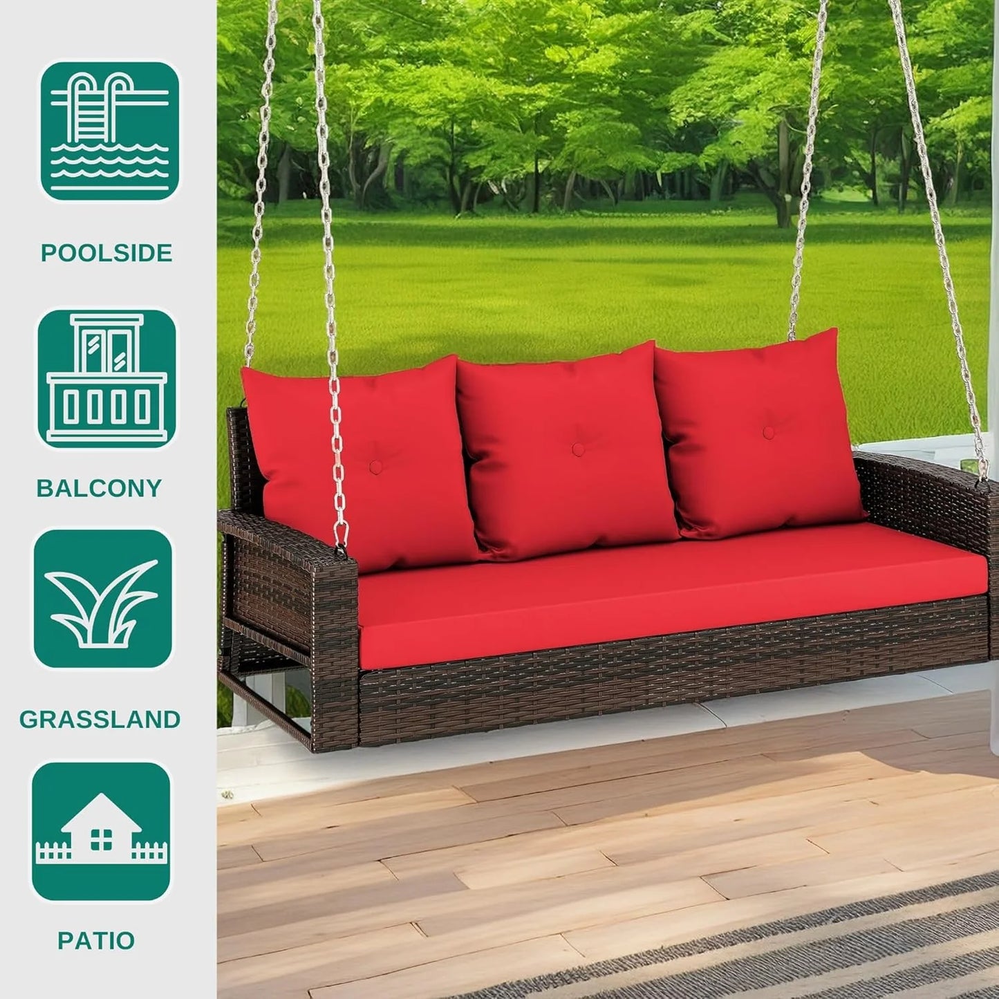 YITAHOME Hanging Porch Swing Chair Sits 3 People, Wicker Outdoor Swing Bench, Patio Lounge Chair, 1 Seating Cushion and 3 Back Cushions, w/Removable Covers, for Garden, Balcony, Backyard, Brown