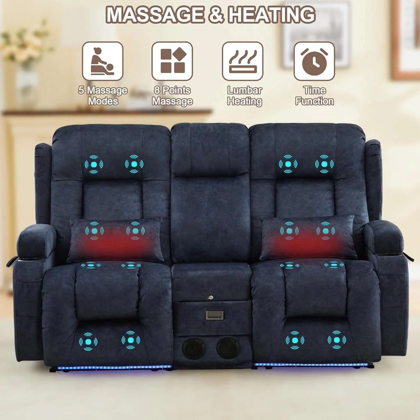 TUNYI Power Loveseat Recliner Sofa with Massage & Heat Home Theater Seating with Console Electric Recliner RV Sofa with USB/Outlet/Storage/Side Pocket/LED Light/Speaker (Brown, Loveseat)