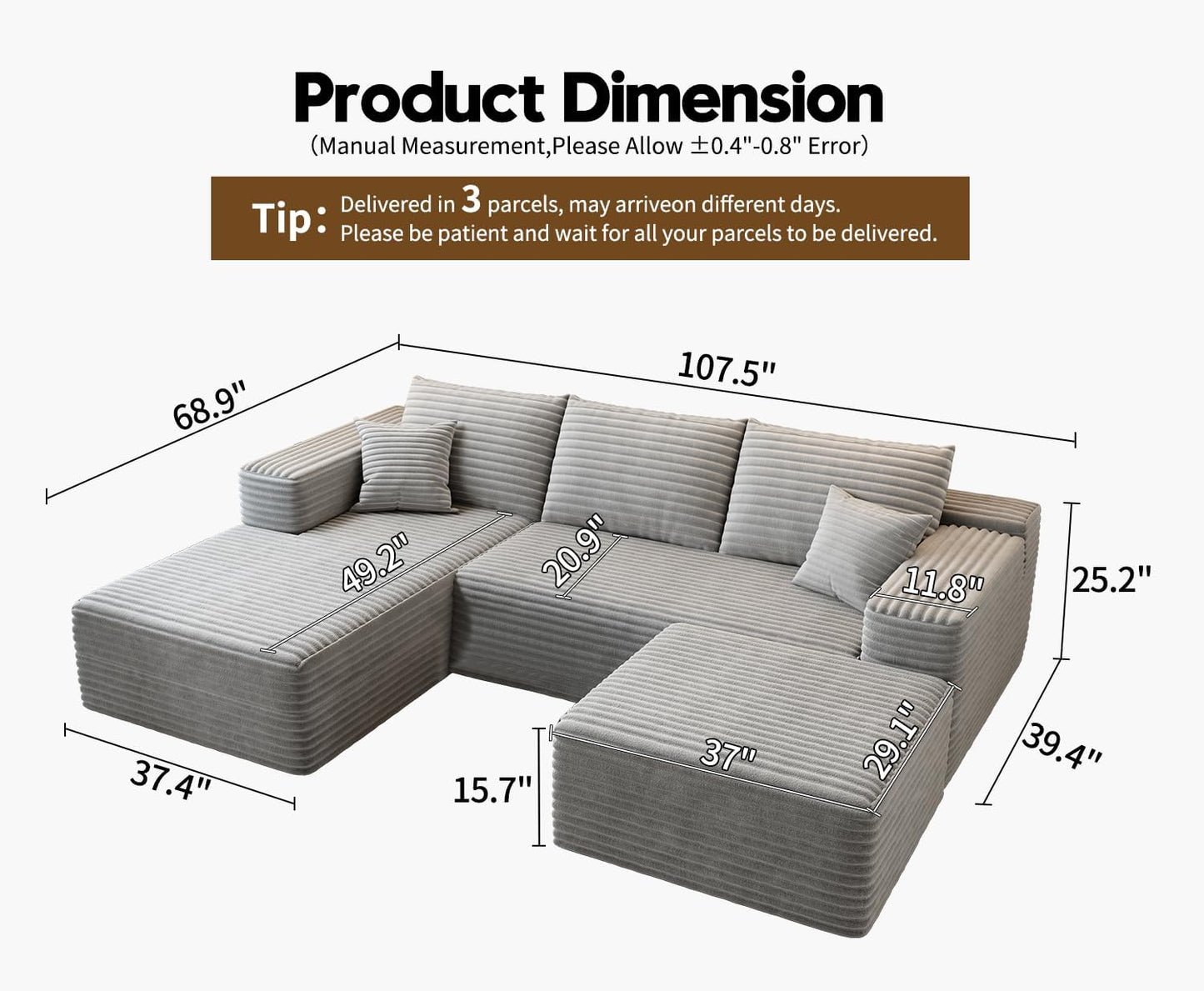 107.5 inch Cloud Modular Sectional Sofa with L-Shaped Chaise Lounge, Modern Minimalist Upholstered Sofa Deep Seating Corner Sofa