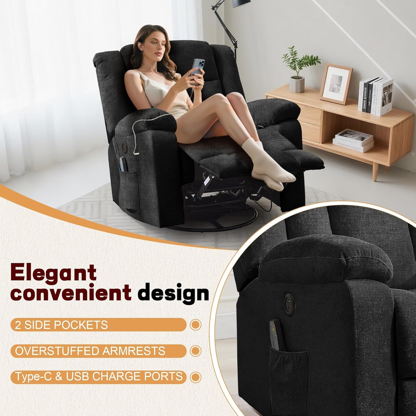 Adult rocking chair, gliding recliner, 360° rotating rocking chair with massage and heating function