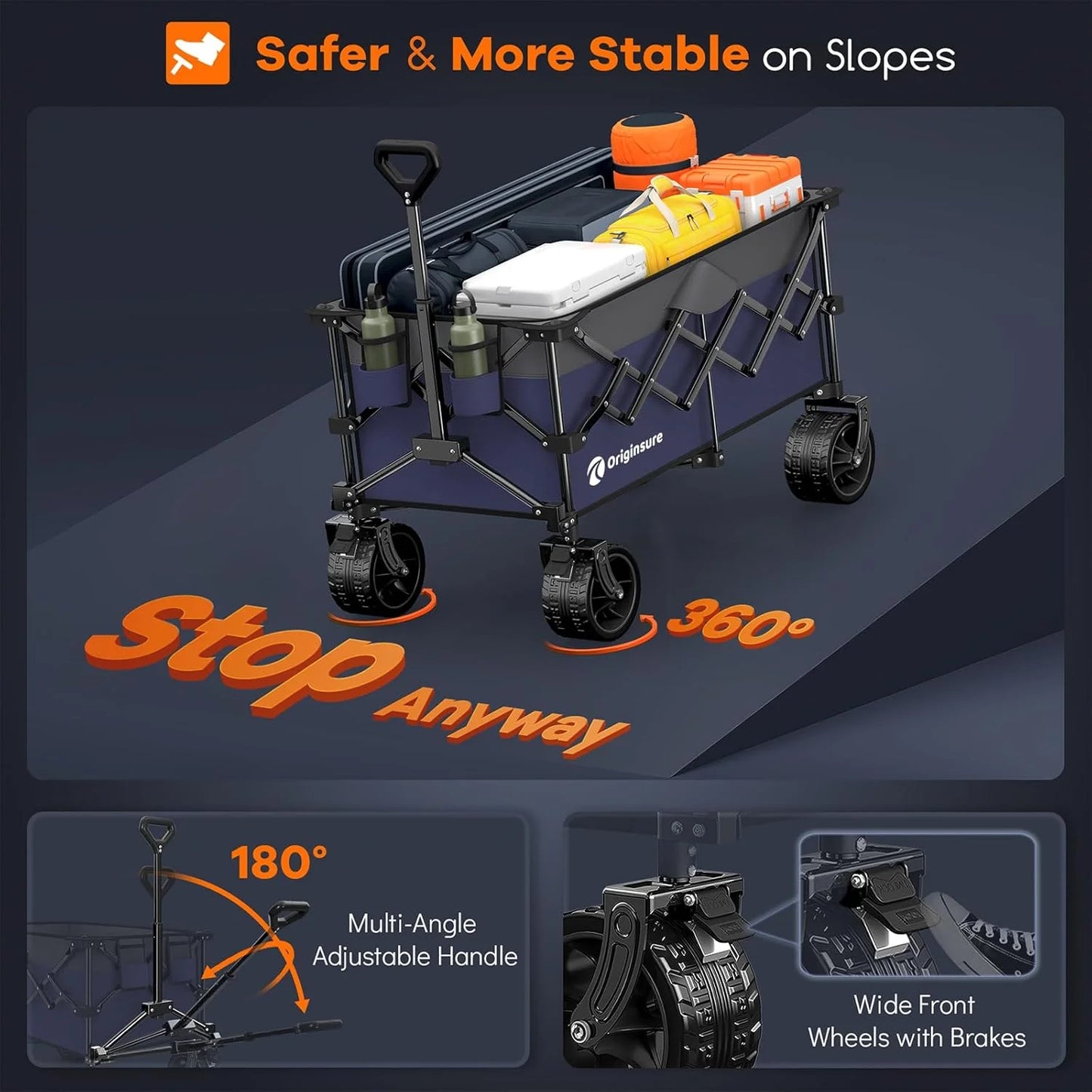 38" long foldable four-wheel stroller, foldable, 460 lb capacity, 220 liter heavy-duty folding beach stroller with large all-terrain tires