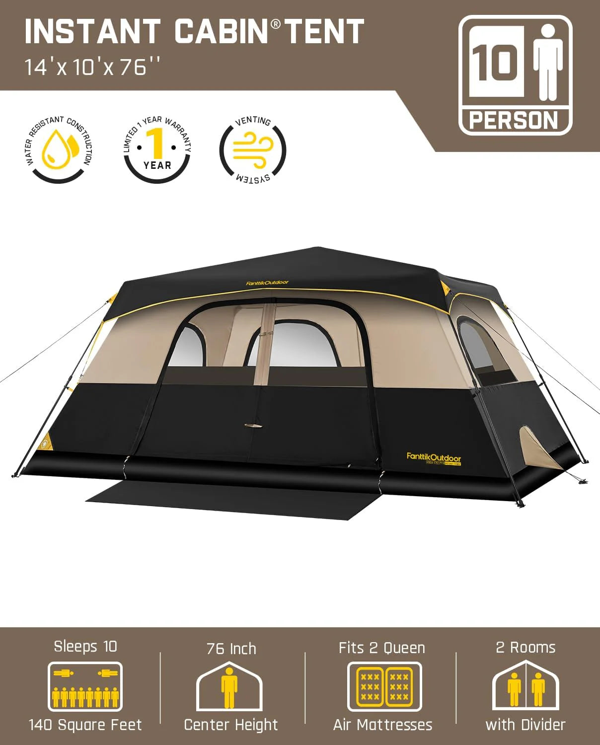 Portable camping tent for 4/6/8/10 people with instant cabin and rainproof and windproof