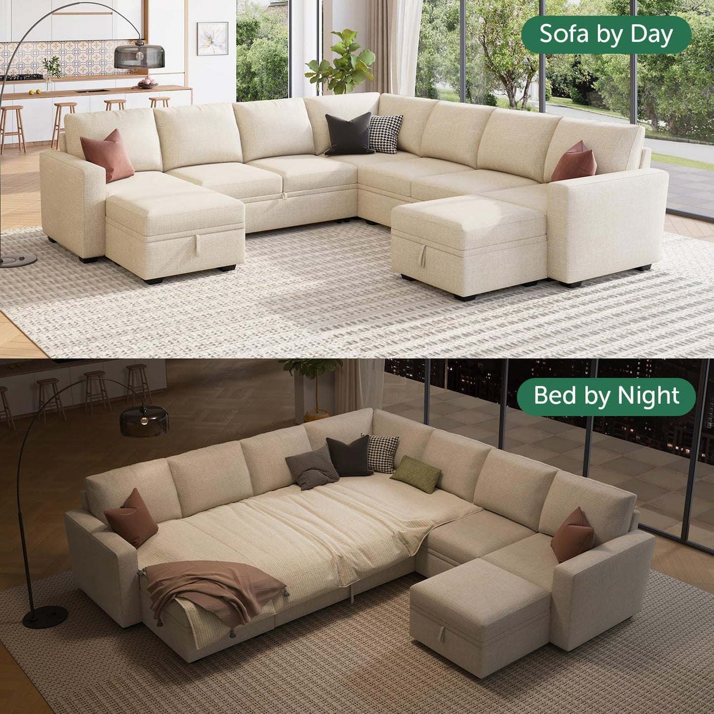 HONBAY Modular Sectional Sleeper Sofa with Pull Out Bed, L Shaped Couch with Storage Seat, Convertible Sectional Couches for Living Room
