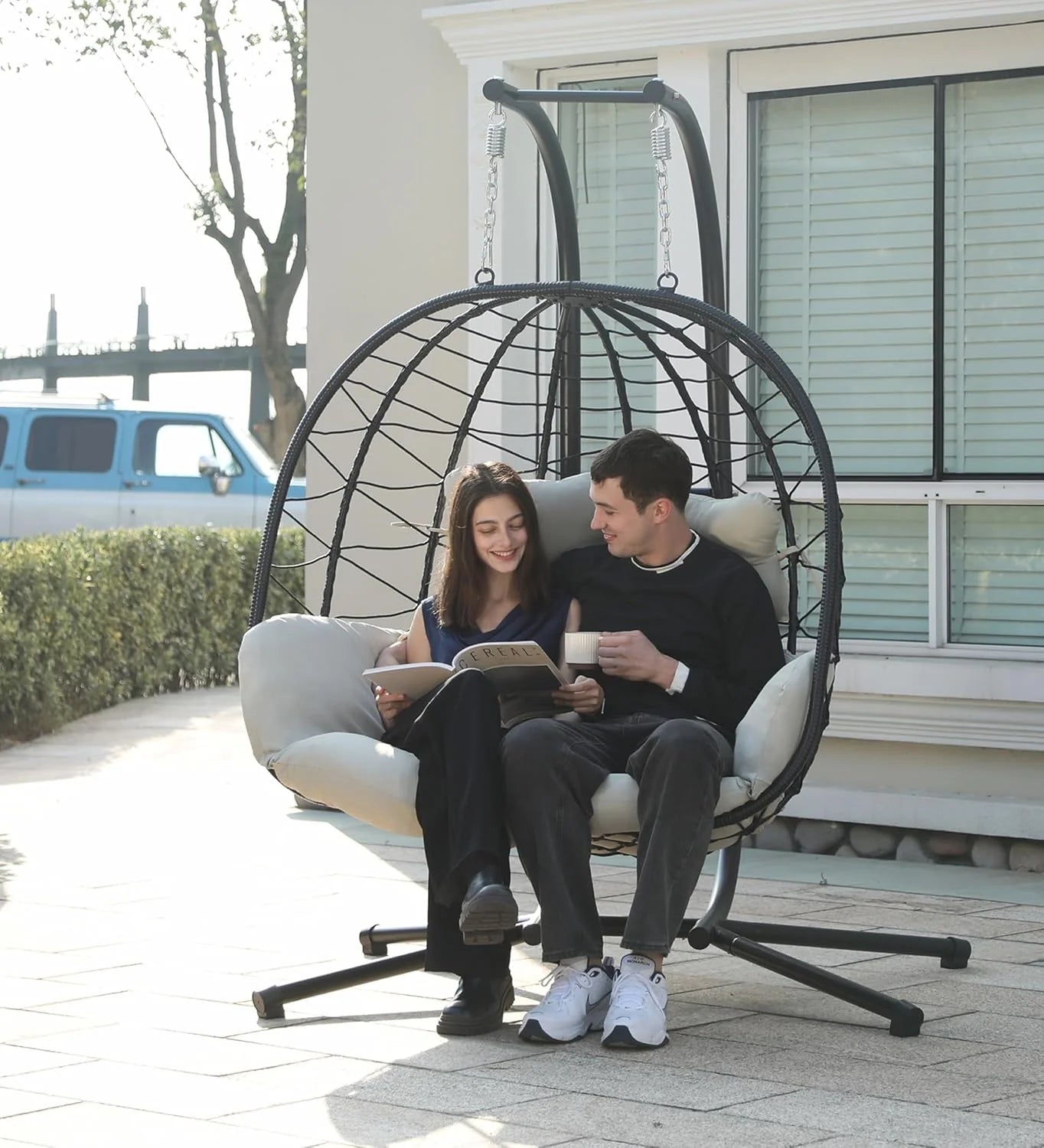 Double Egg Chair wth Stand Hammock Swing Chair Foldable Hanging Loveseat, UV Resistant Removable Cushions, 700LBS Capacity for Bedroom