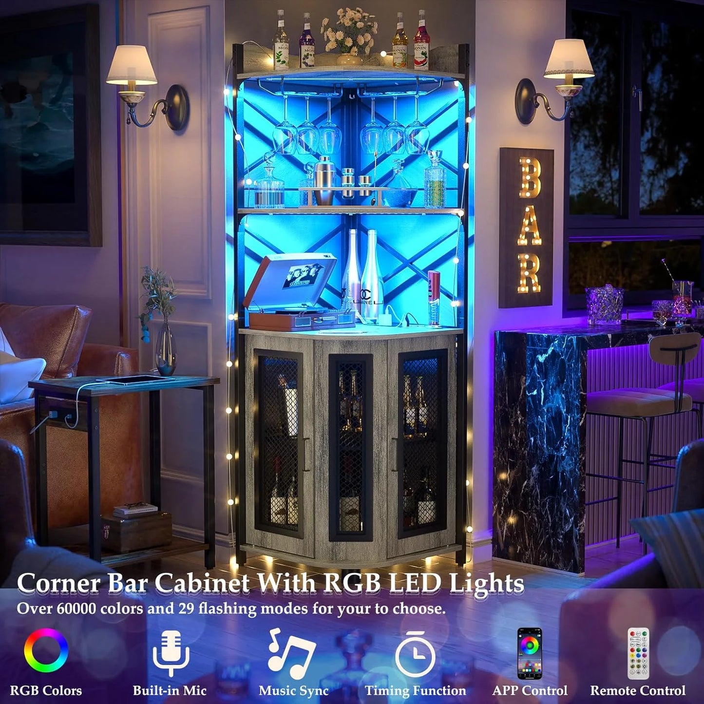 Corner bar cabinet with power socket, industrial style wine cabinet with LED light strip and glass rack, home five-layer wine cabinet bar unit, small space corner display cabinet