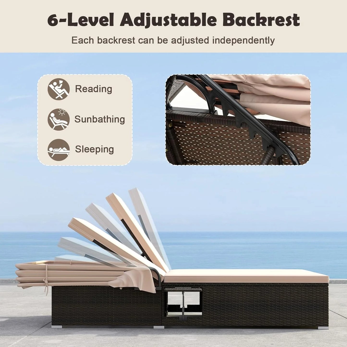 RELAX4LIFE Outdoor Daybed with Retractable Canopy - Wicker Double Chaise Lounge w/6-Position Backrest, 2 Folding Side Trays & Cushions, 2-Seater Loveseat Sunbed for Backyard, Rattan Patio Bed Lounger