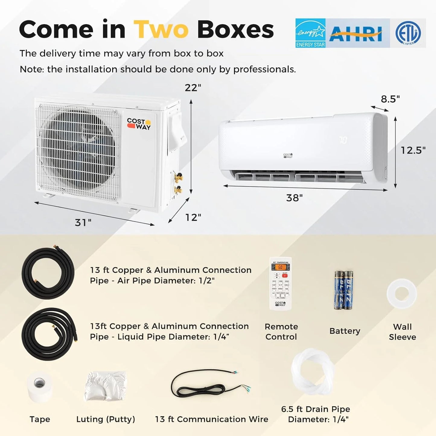 COSTWAY 12000BTU Mini Split Air Conditioner& Heater, 20 SEER2 115V Wall-Mounted Ductless AC Unit Cools Rooms up to 750 Sq. Ft, Energy Efficient Inverter AC with Heat Pump (Blast Series)
