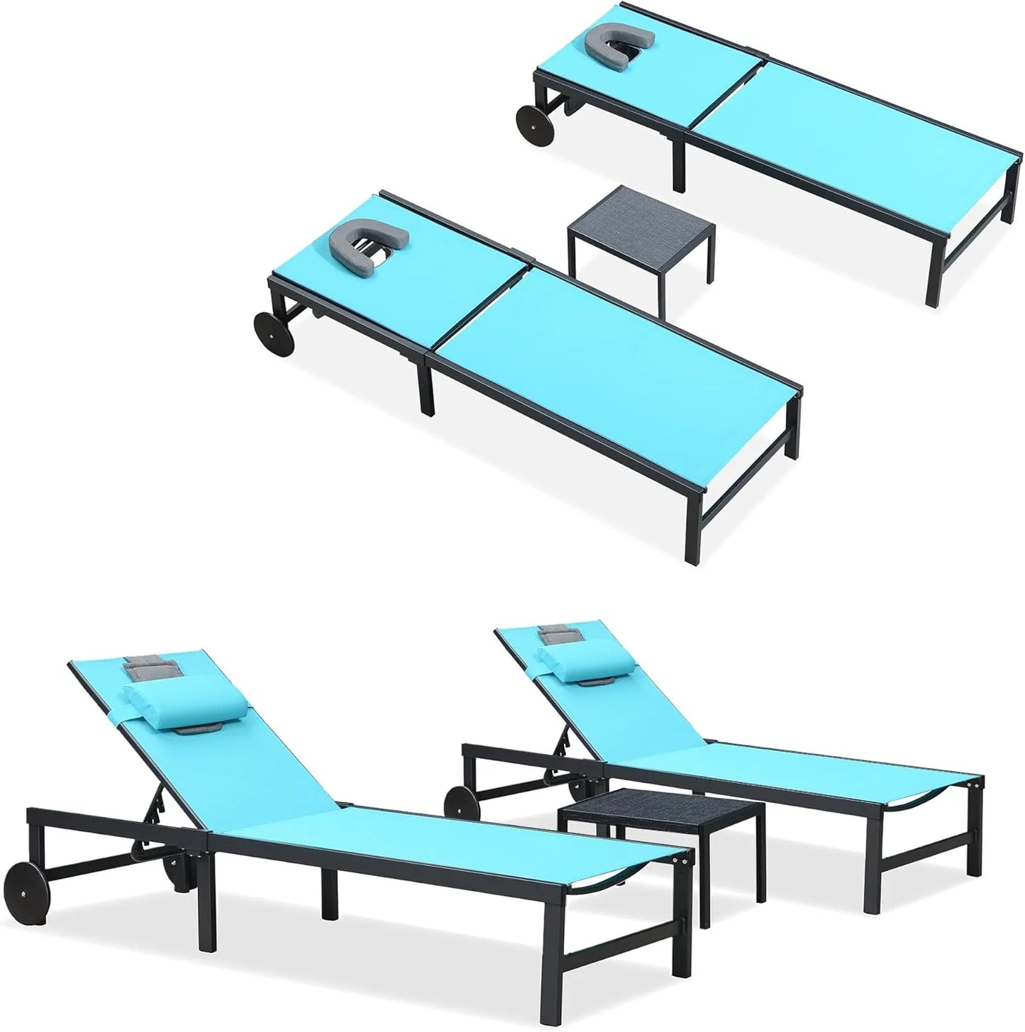 PURPLE LEAF Patio Tanning Lounge Chair Set with Face Down Hole Outdoor Aluminum Adjustable Reclining Chairs Wheels Pillows and Table for Poolside Beach Sunbathing Lounger, Beige