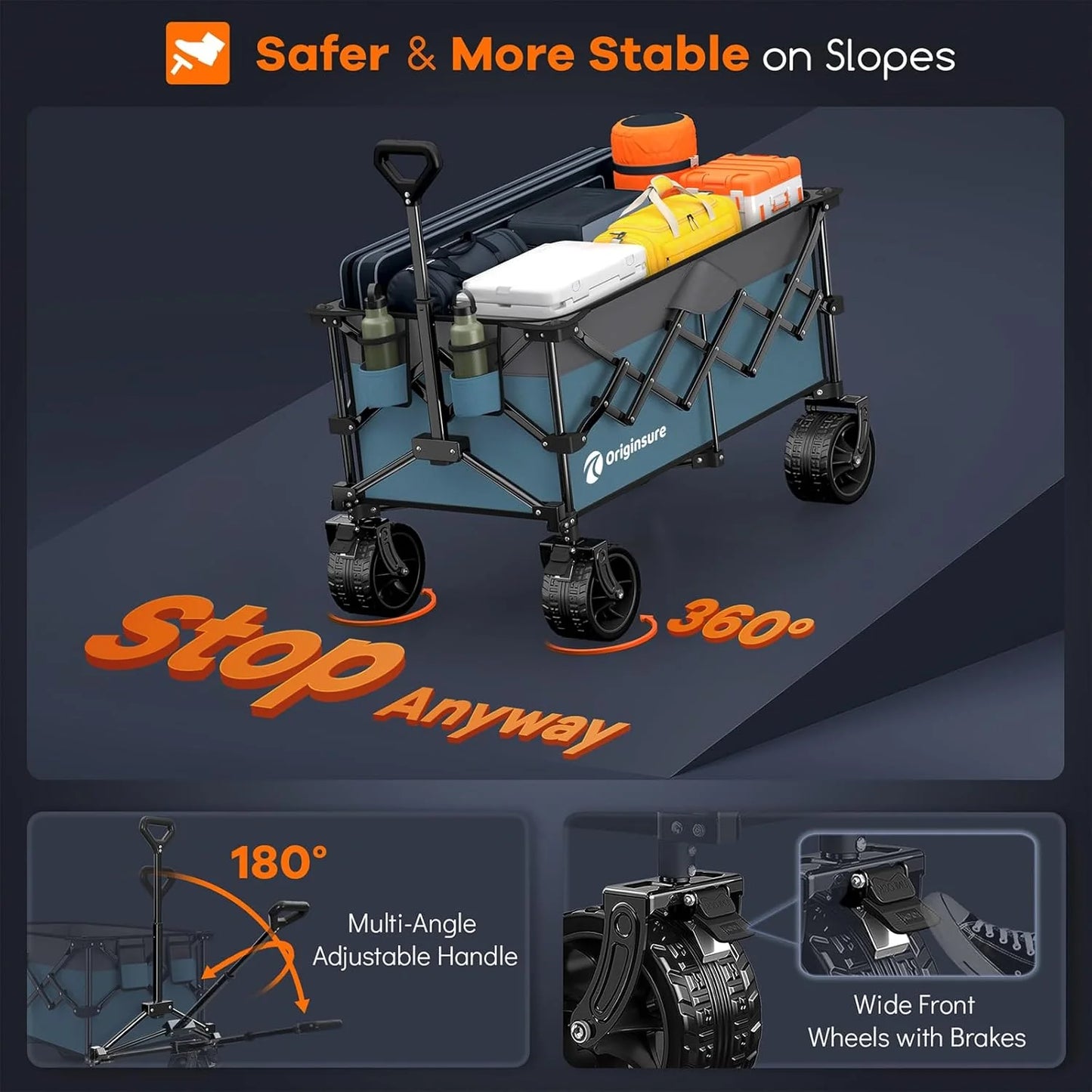 38" long foldable four-wheel stroller, foldable, 460 lb capacity, 220 liter heavy-duty folding beach stroller with large all-terrain tires