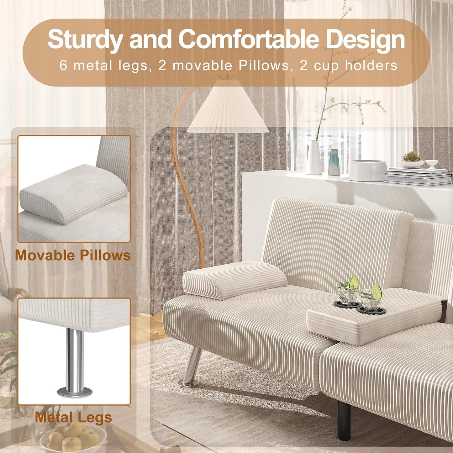 Shahoo Modern Linen Upholstered Convertible Folding Futon Sofa Bed with Removable Armrests, Metal Legs, 2 Cup Holders for Living Room