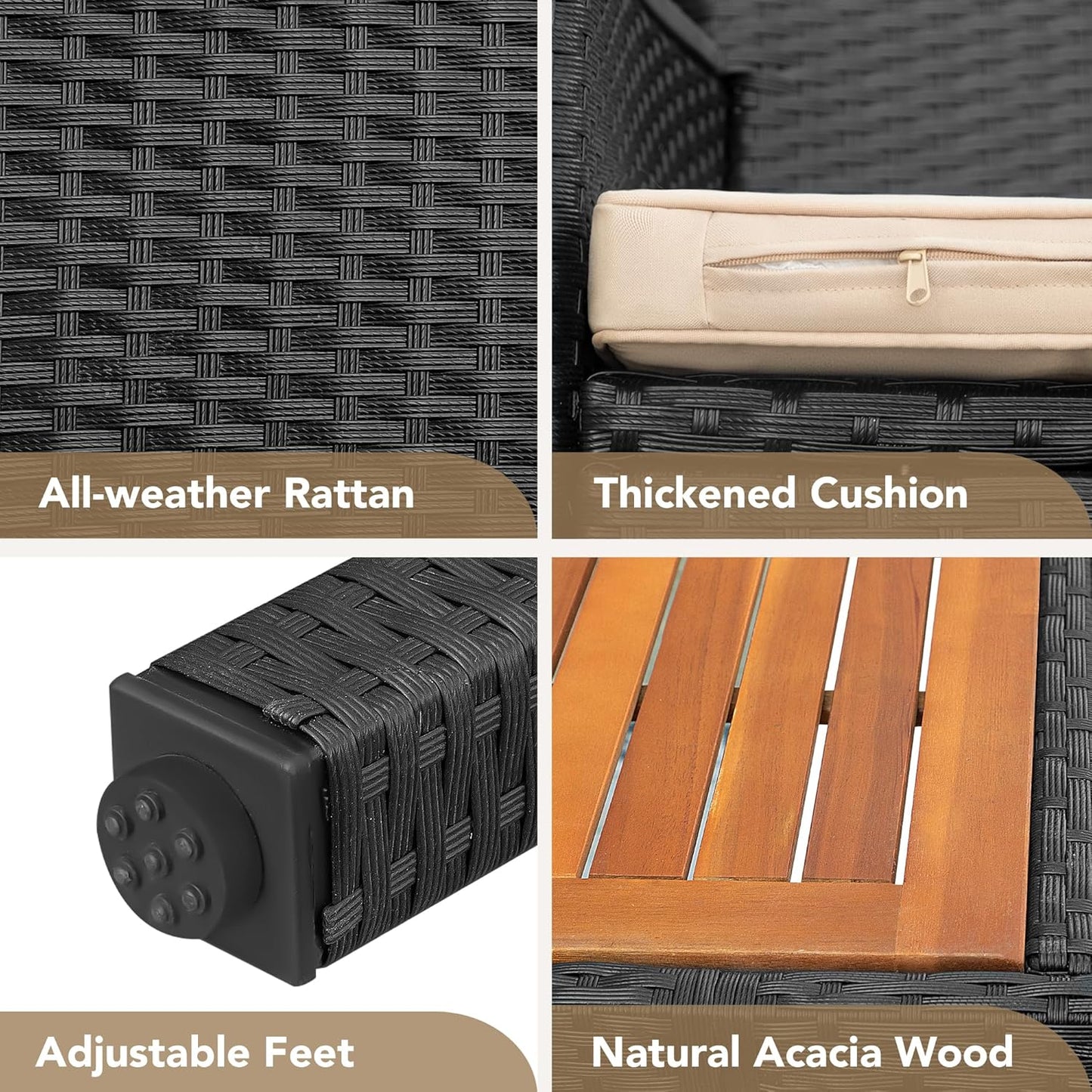 Devoko Dining 7 PCS Furniture, Patio Conversation Set with Acacia Wood Table Top, Rattan Outdoor, Black